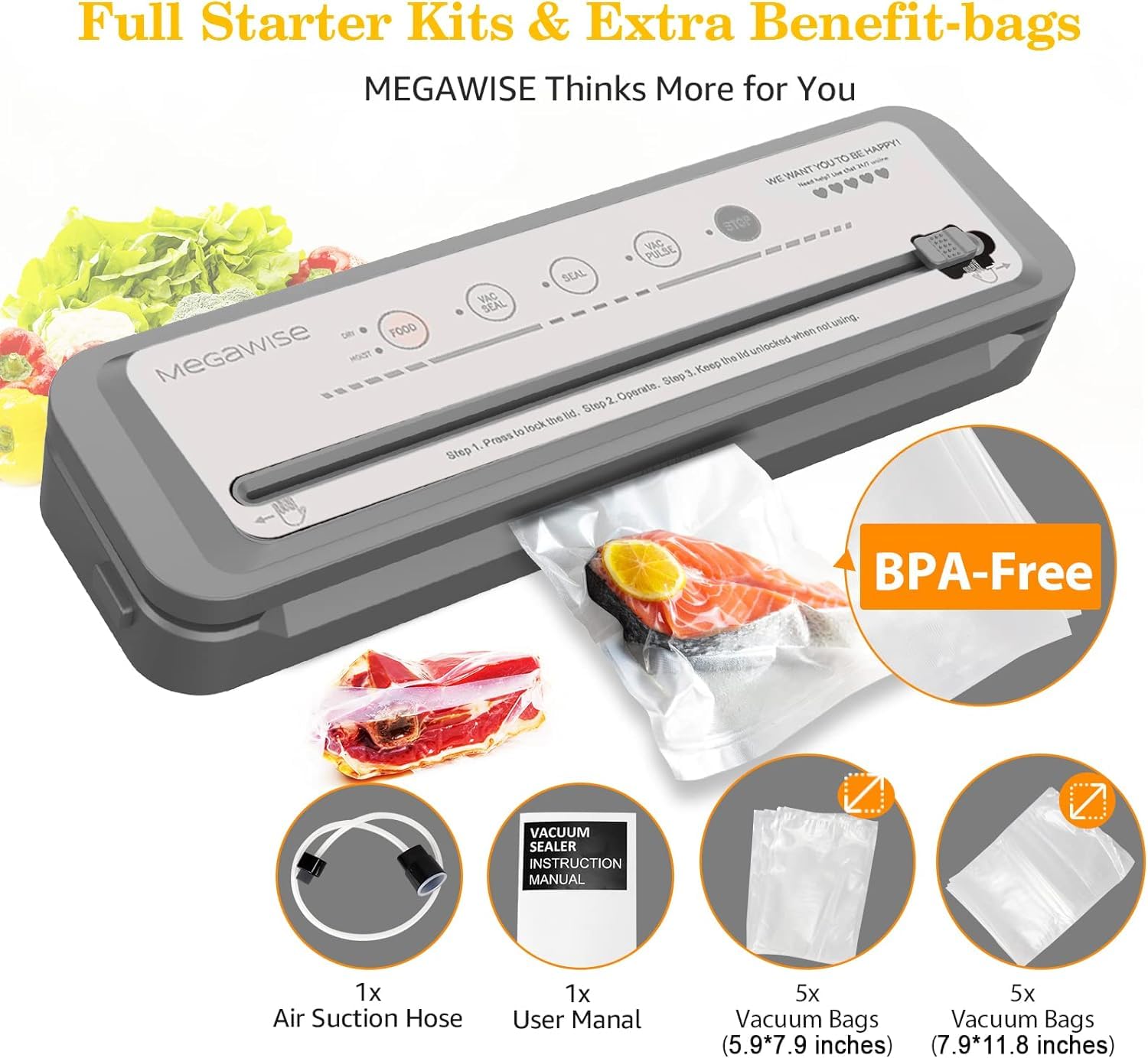 Megawise Vacuum Sealer Machine, Portable Strong Suction Power Food Sealer, Bags And Cutter Included With External Vacuum Functio