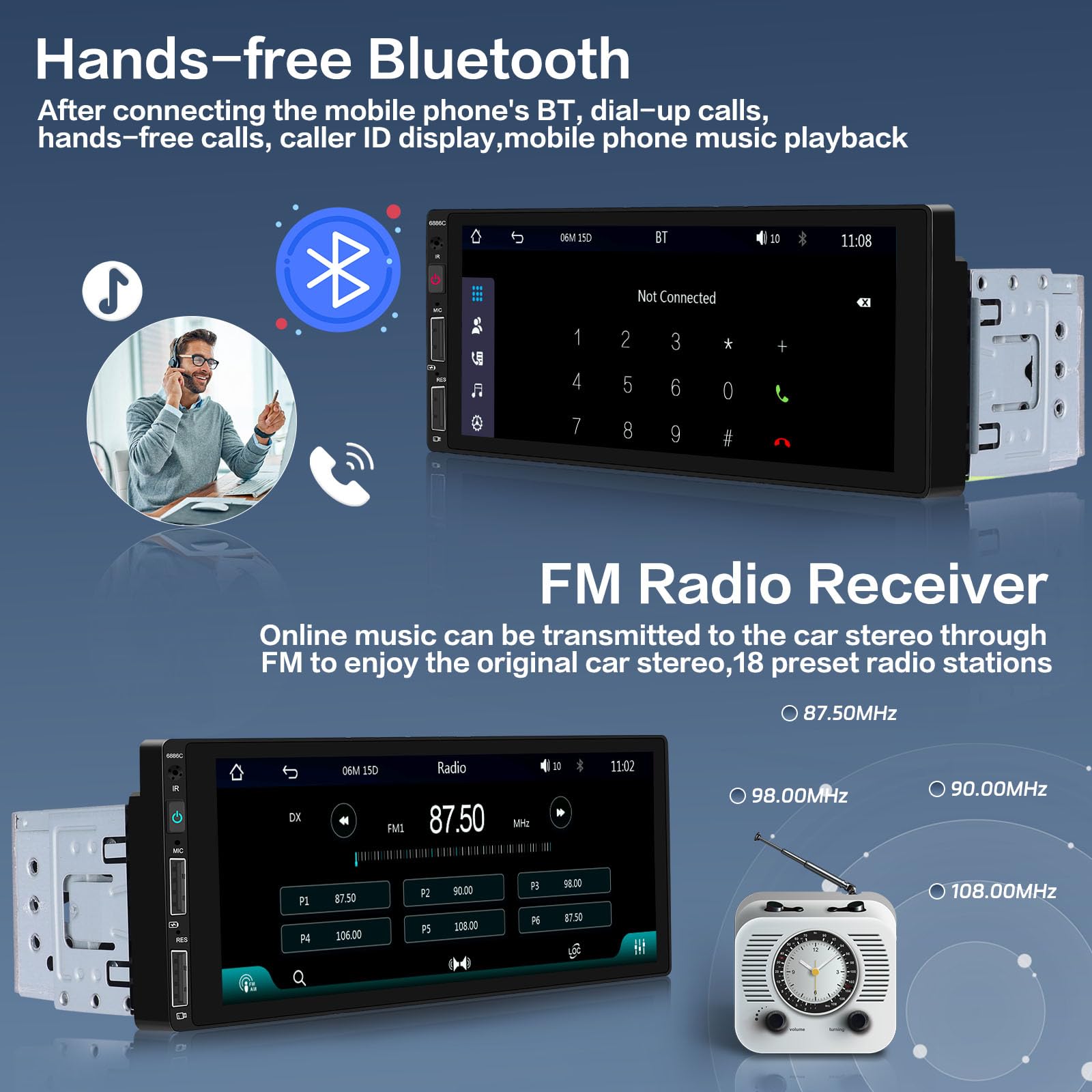 Inefala 6.86 Inch Single Din Car Stereo With Wireless Carplay And Android Auto, Touch Screen Car Radio Bluetooth 5.0, Mirror Lin