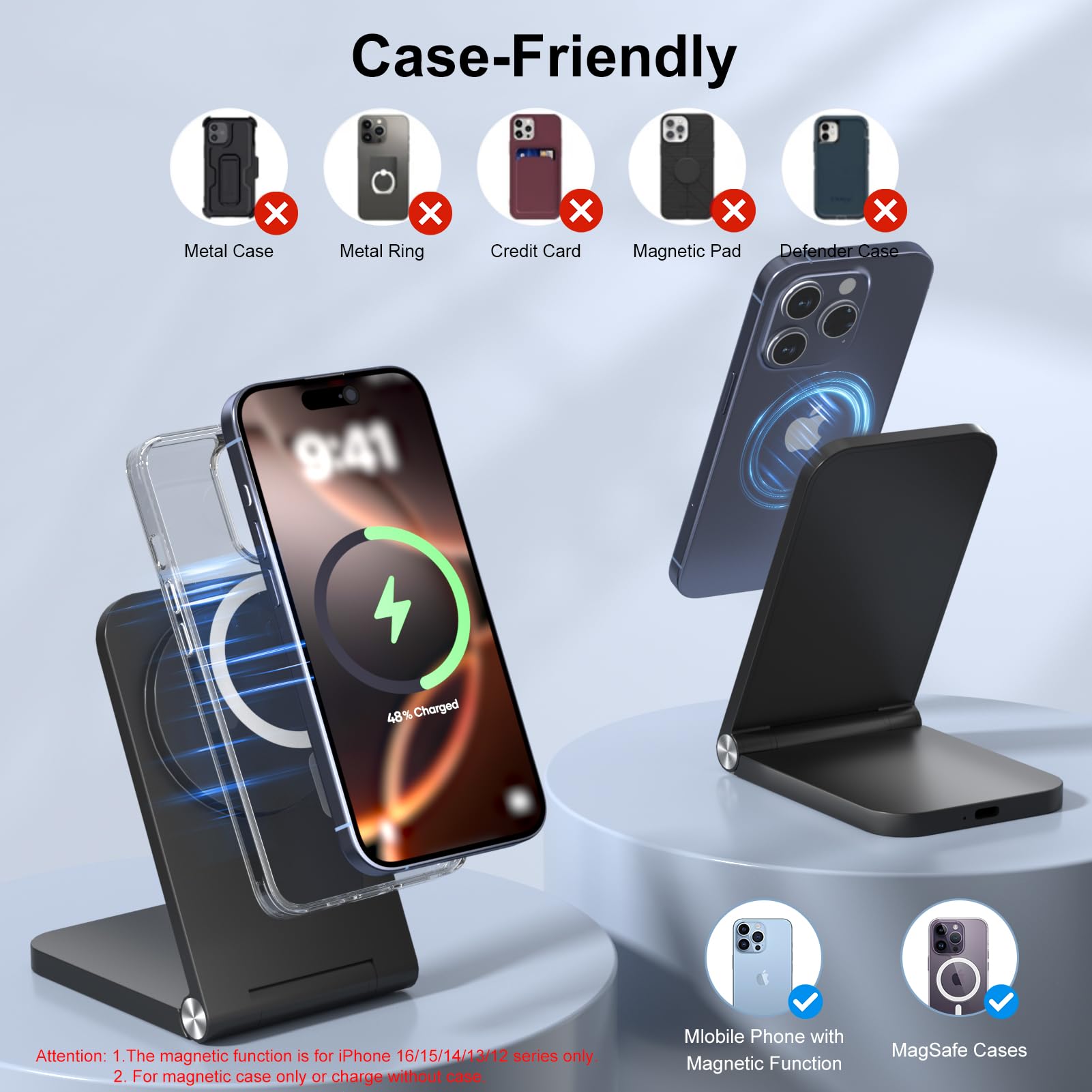 Wireless Charger, Magnetic Foldable Travel Fast Charging Station Stand For Iphone 16 15 14 13 12 Series, Iphone Wireless Mag-Saf
