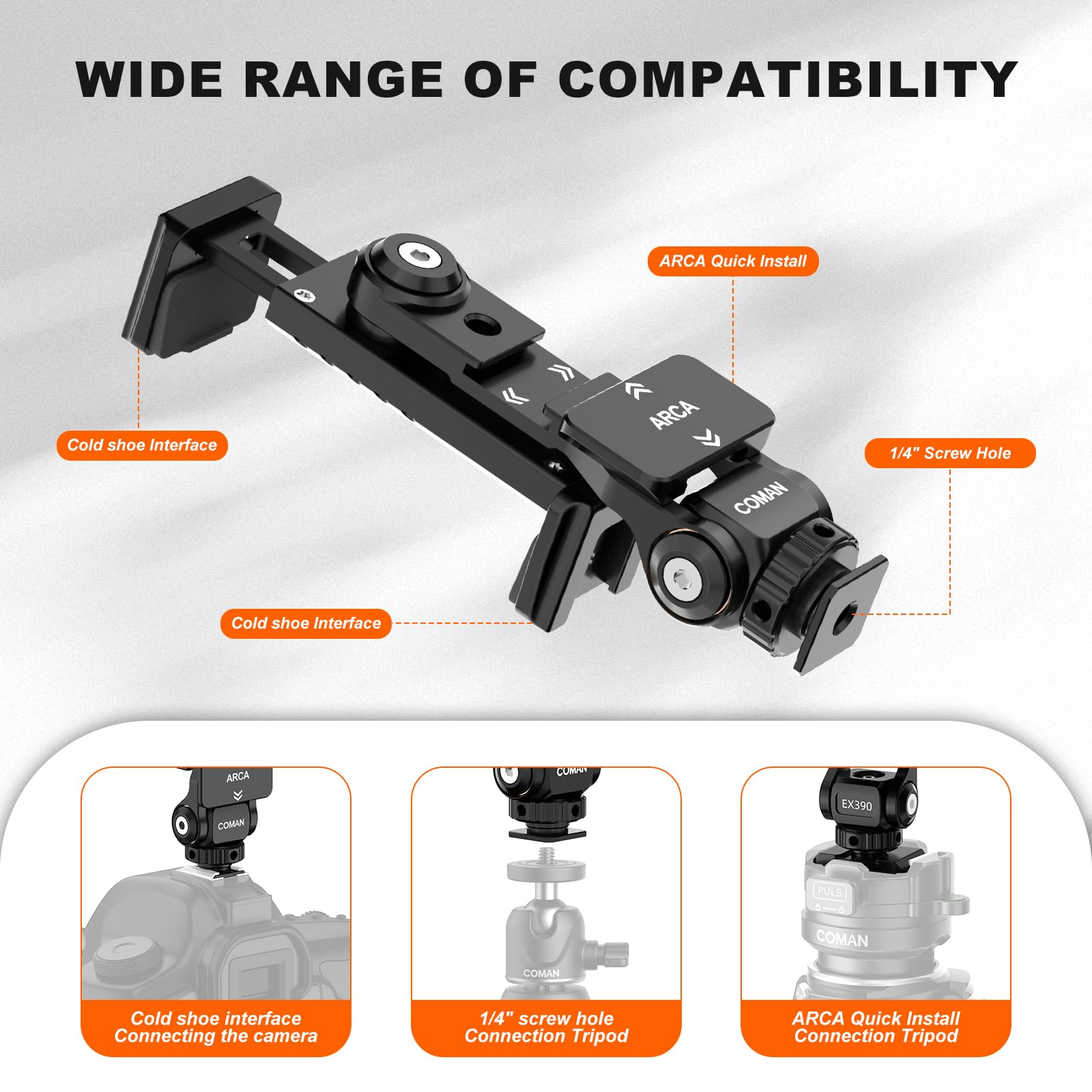 Metal Phone Tripod Mount - Holder Stand With 3 Cold Shoes & Arca Port, Universal Smartphone Mount Adapter, 360 Rotates Adjustabl