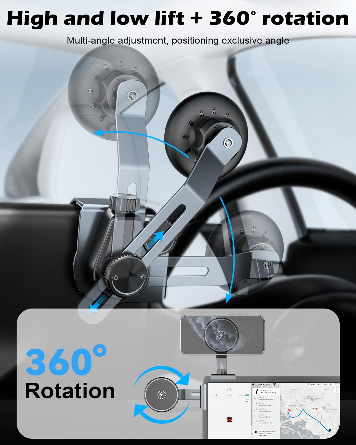 Cloudvalley Qi2 15W Wireless Charger Phone Mount For Tesla Model Y/3, ?Extendable Metal Holder?Compatible With Iphone Magsafe, S