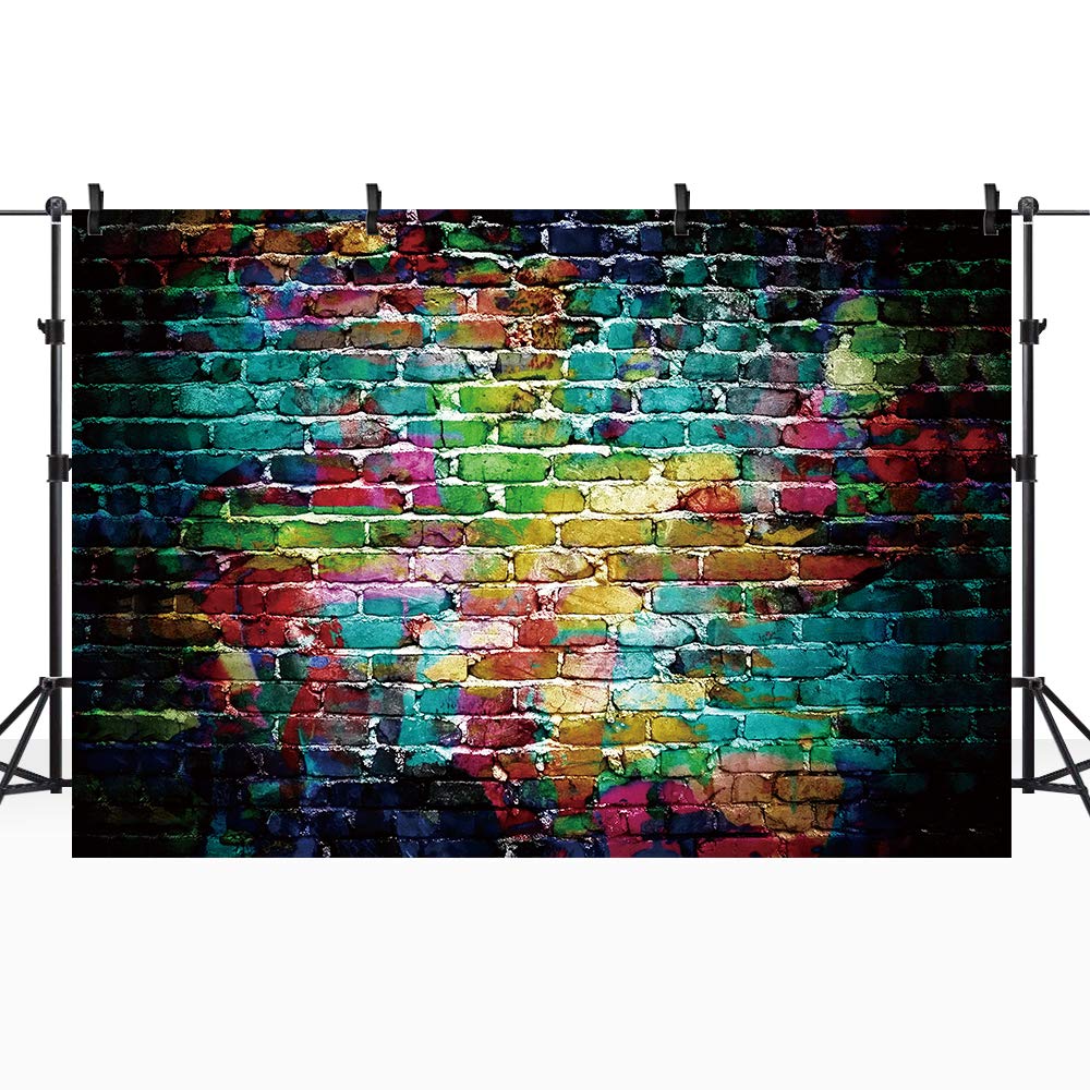 Riyidecor Colorful Brick Wall Backdrop 7Wx5H Feet Graffiti 80'S 90'S Hip Hop Disco Fabric Polyester Graduation Themed Party Phot