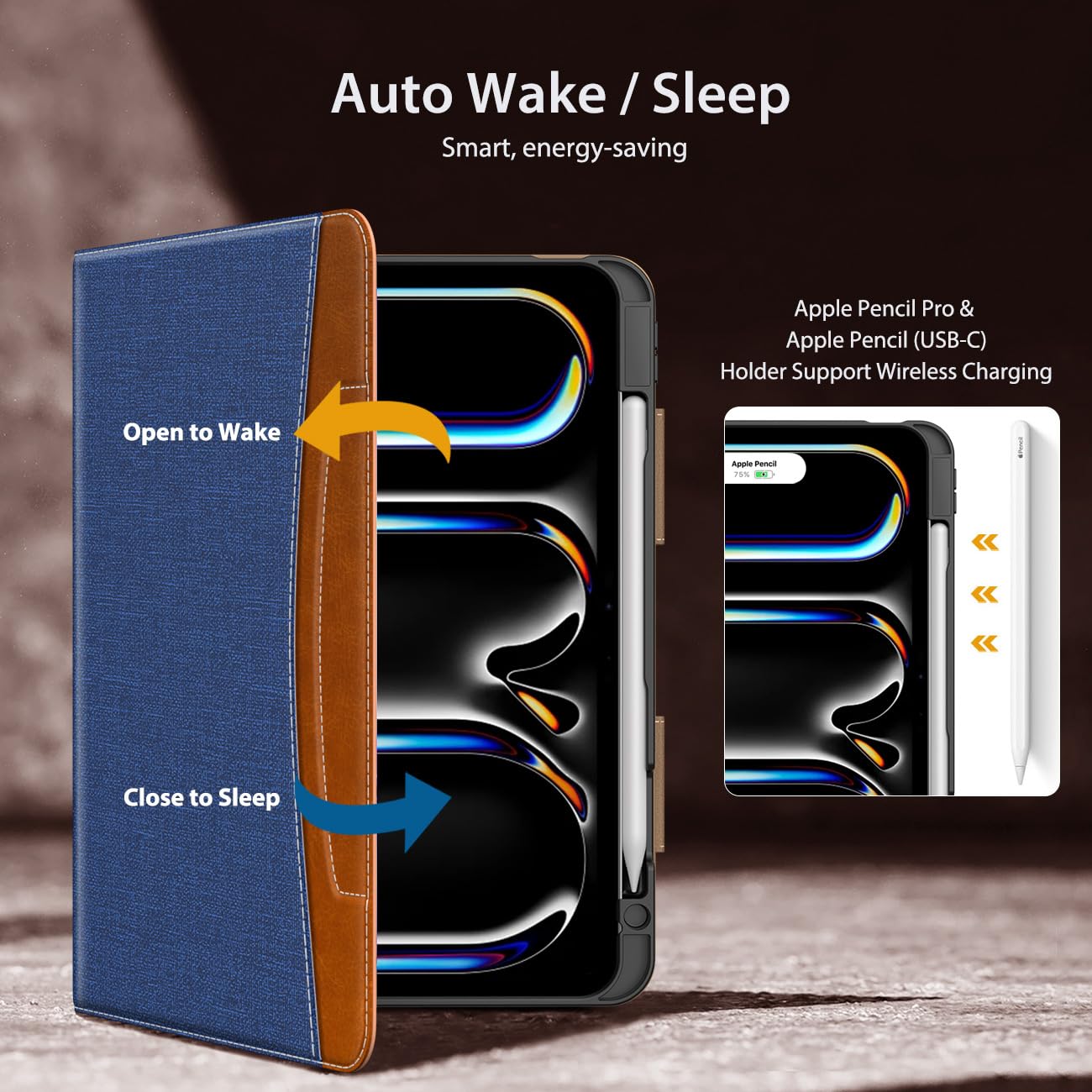 MoKo Case for iPad Pro 11 Inch M4 2024 (5th Generation) with Pencil Holder & Pocket, Built in Hand Strap, Multi Angle Viewing, Premium PU Leather Folio Cover for iPad Pro 11 2024, Denim Blue & Brown