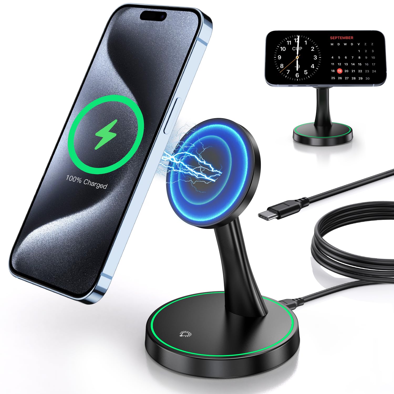 Magnetic Wireless Charger Stand 15W Fast Mag Safe Charger For Iphone 16/16 Pro/16 Plus/16 Pro Max/15/14/13/12 Series Magnet Wire