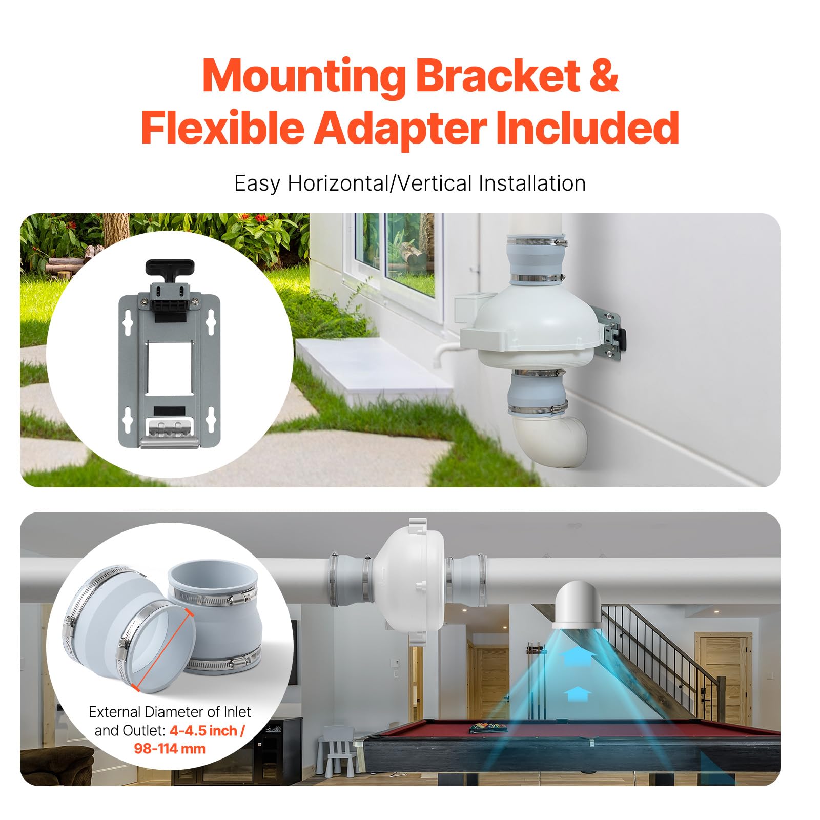 Vevor 4 To 4.5 Inch Radon Fan Installation Kit, Quiet 190Cfm Radon Mitigation Fan System Kit With 2 Couplers, Pressure Indicator
