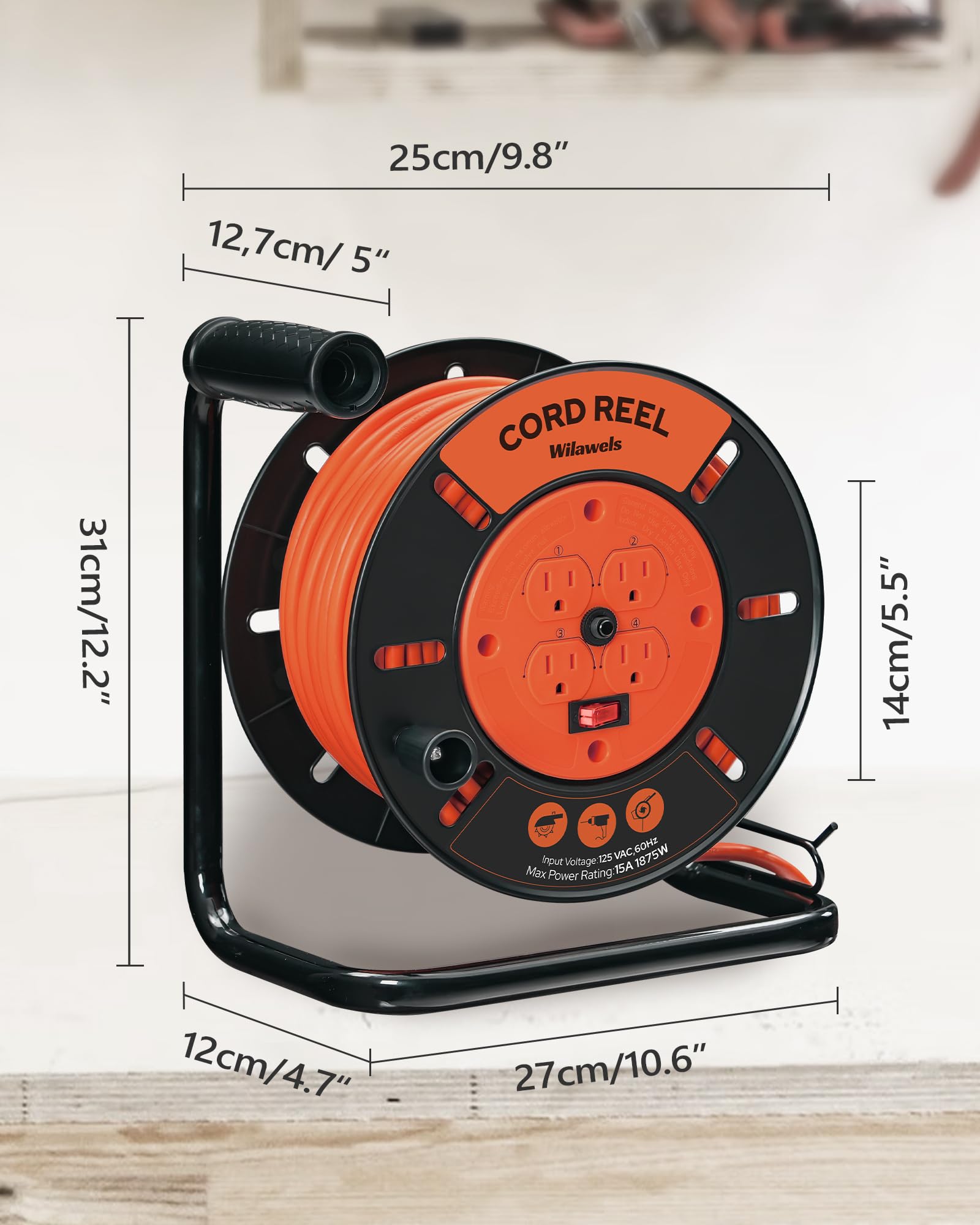 WILAWELS Extension Cord Storage Reel 4-Grounded Outlets G95CR06 15A Circuit Breaker Hand Wind Retractable Orange