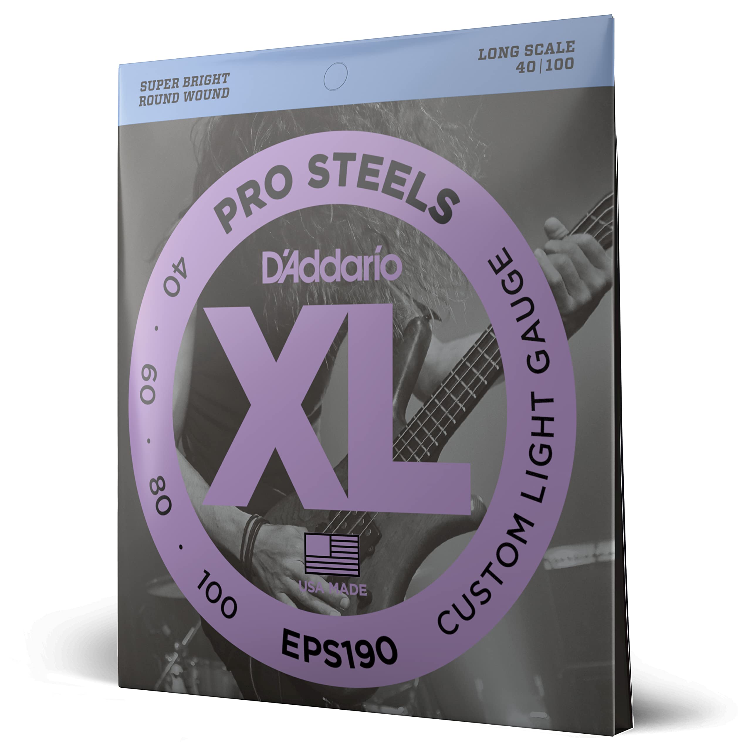 D'Addario Bass Guitar Strings, Xl Pro Steels, Eps190, Long Scale, Custom Light Gauge 40 100, 4 String Set, Pack Of 1
