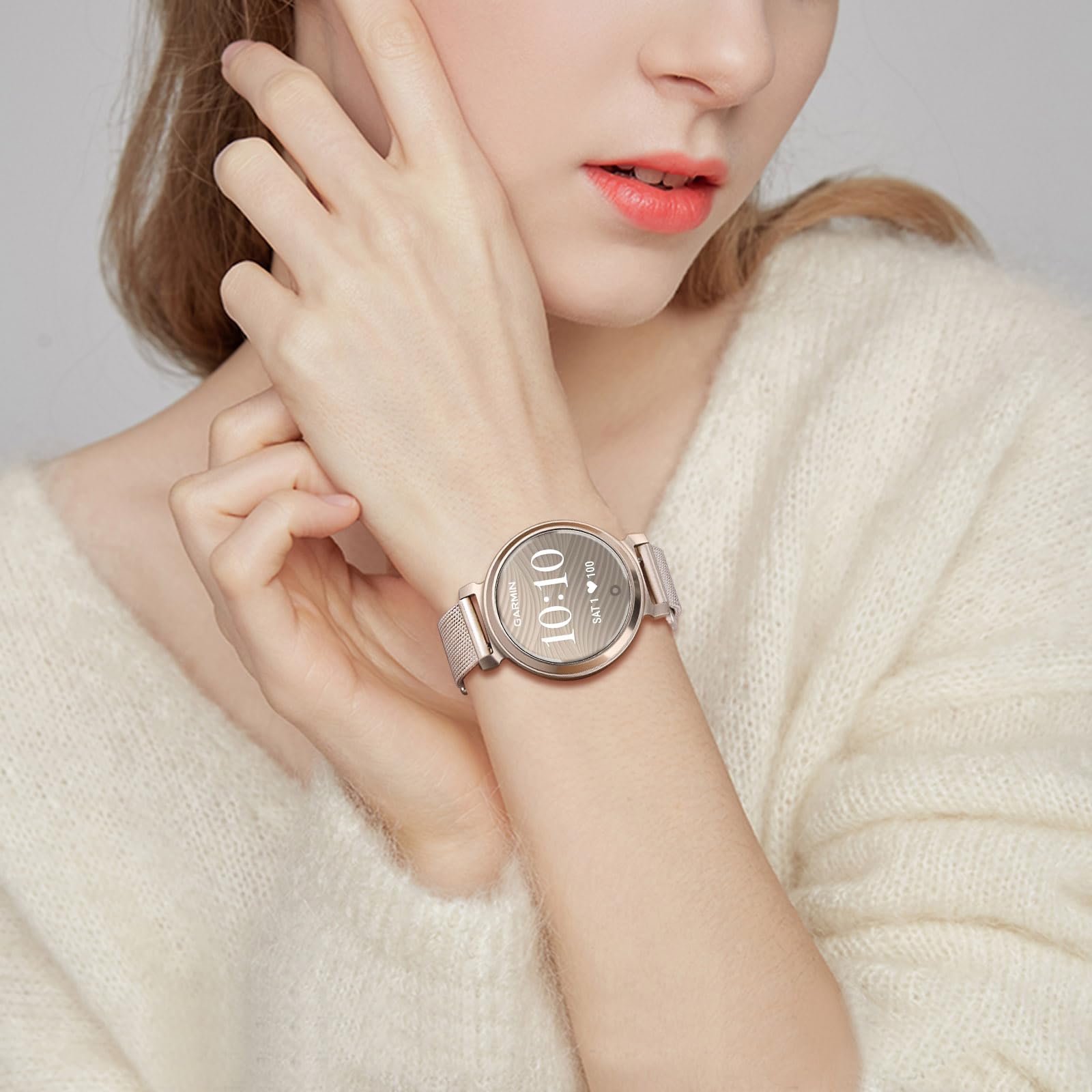 Trumirr Women Band For Garmin Lily 2 Smart Watch, Mesh Stainless Steel Watchband Cream Gold Strap For Garmin Lily 2 Only