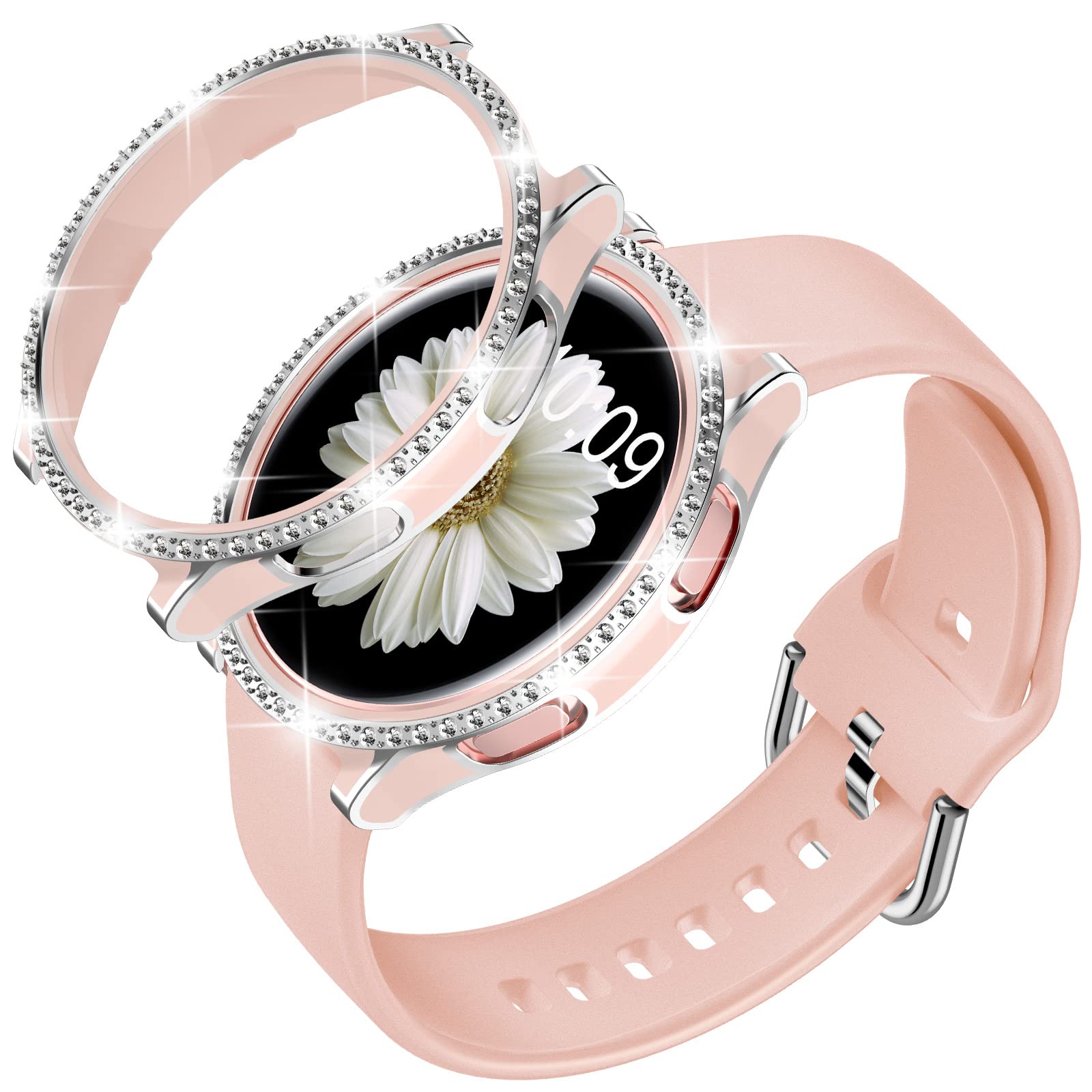 Dabaoza Compatible For Samsung Galaxy Watch 4 5 Band 44Mm With Glitter Bumper Case, Women Black Silicone Soft Comfortable Adjust