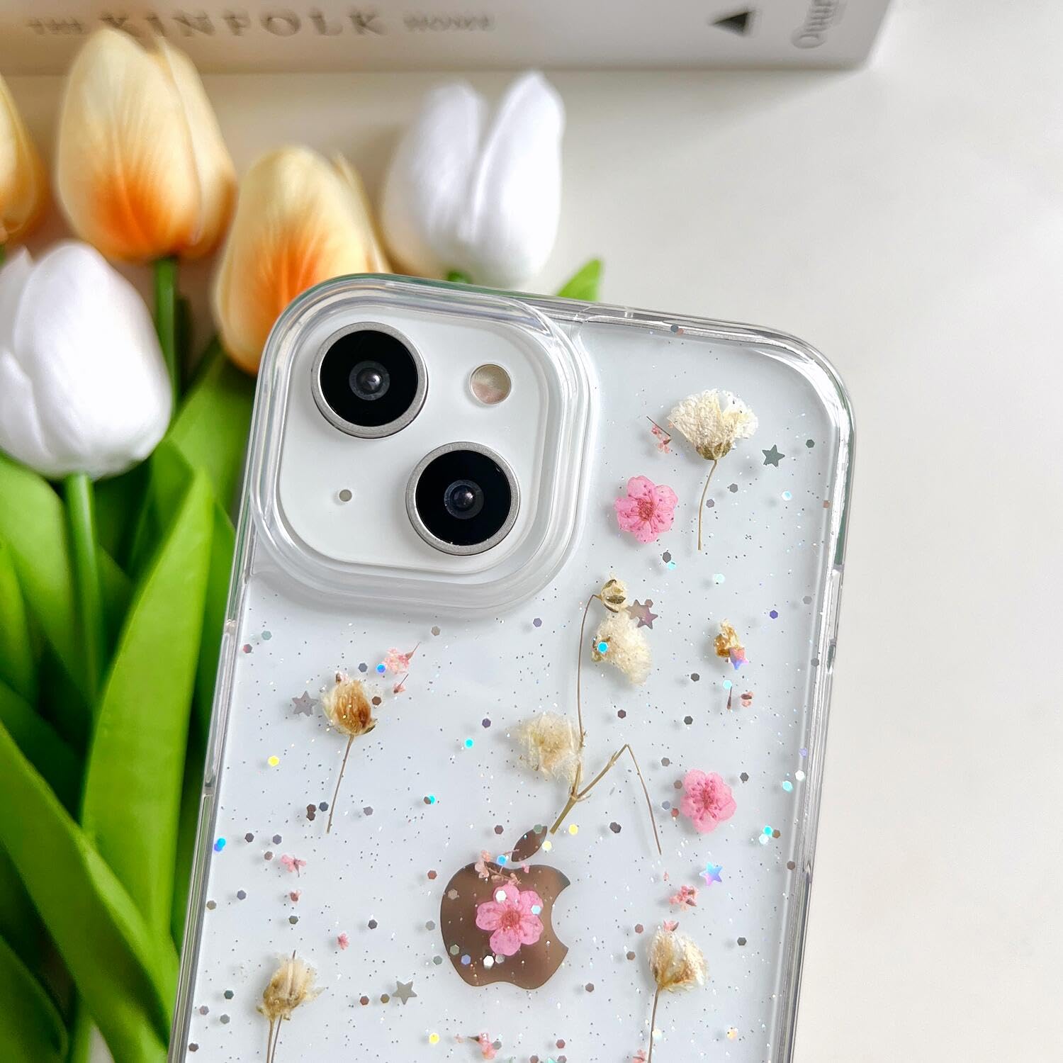 Lseeka For Iphone 13 Mini/Iphone 12 Mini Clear Case With Pressed Real Flowers Design,Glitter Cute Pink Floral Pattern Slim Soft