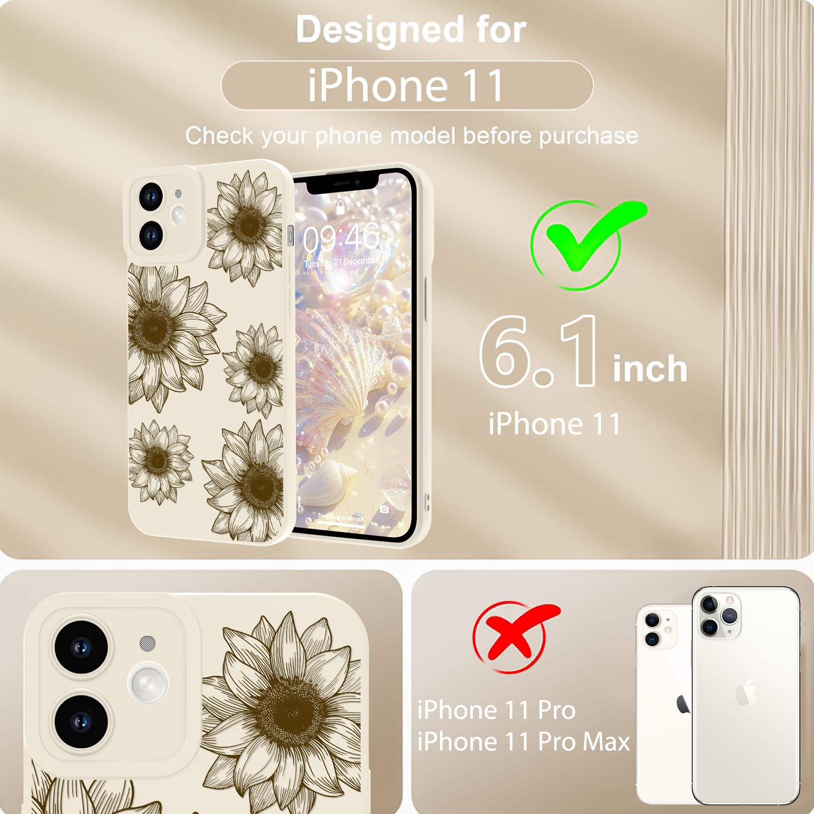 Ook Floral Case For Iphone 11 Case, Cute Sunflower Floral Blooms Design Soft Tpu Shockproof Protective For Women Girls Slim Phon