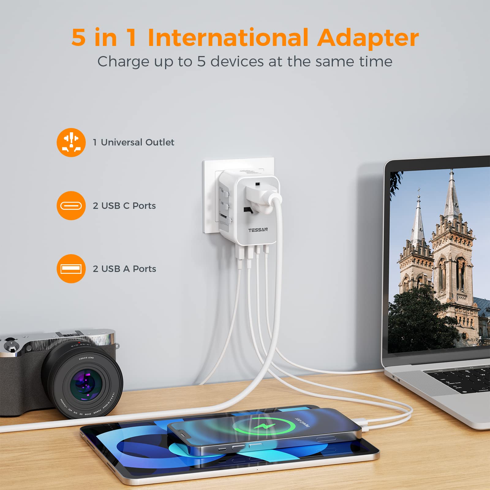 Tessan Universal Travel Adapter, International Plug Adaptor With 2 Usb C Wall Charger 2 Usb A Ports, Worldwide Power Outlet Trav