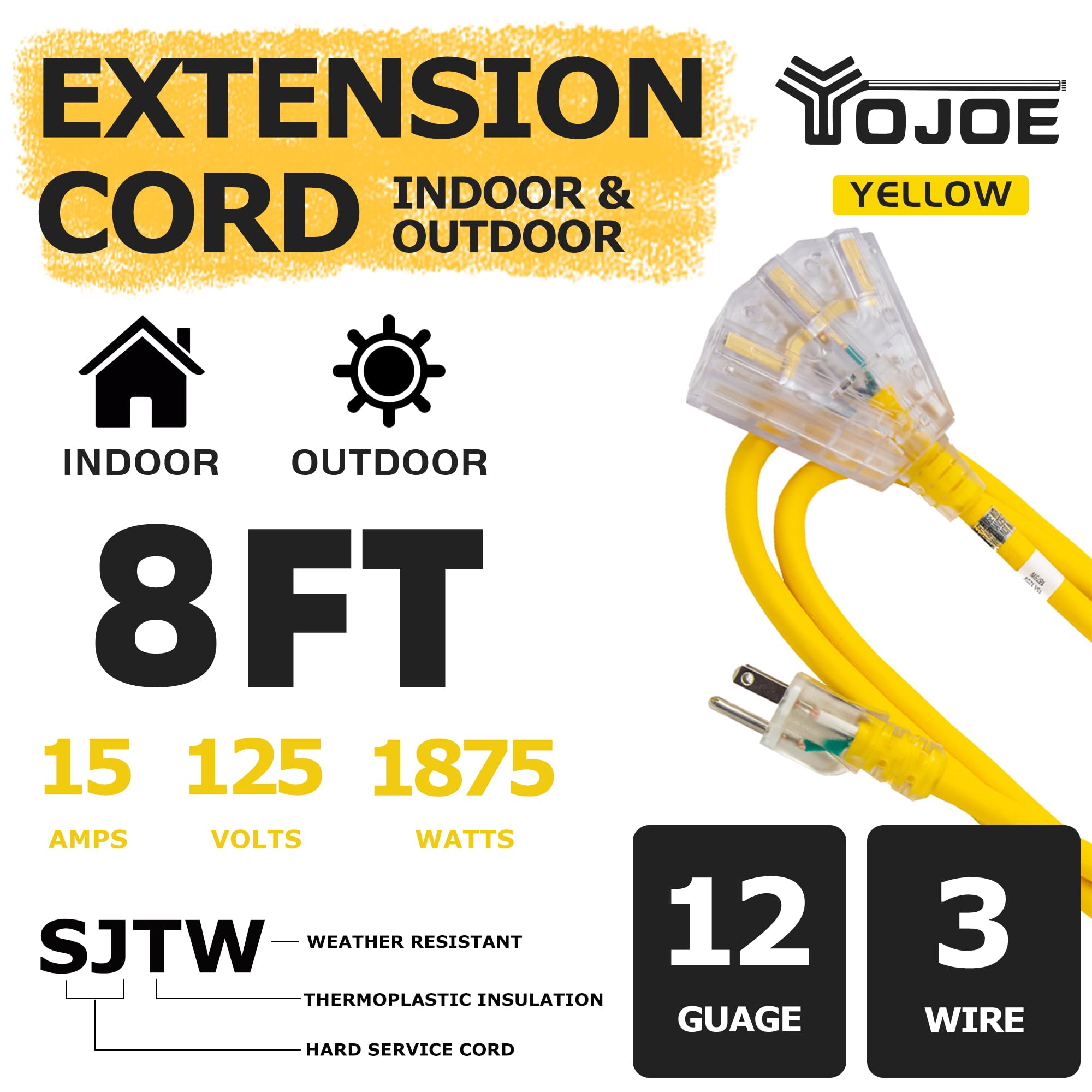 Yojoe 3 Outlets Indoor Outdoor Extension Cord With Lighted End, 3 Prong 15A Weatherproof Power Cord, 12 Gauge Heavy Duty 8 Ft Ye