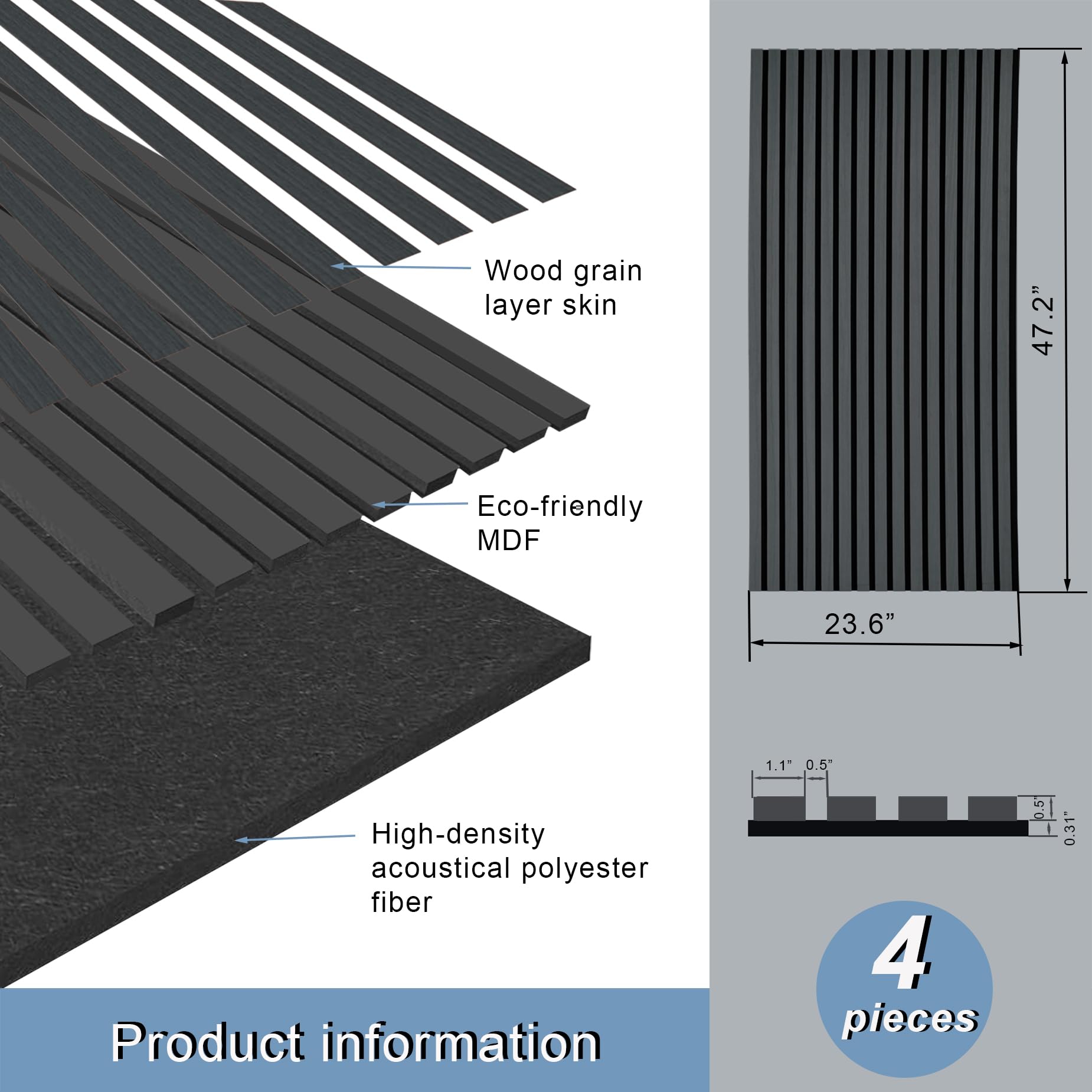 E Hao 4 Piece Wood Slat Acoustic Panels For Stylish Decor And Noise Reduction, 3D Textured Panel For Ceiling And Wall   Black Oa