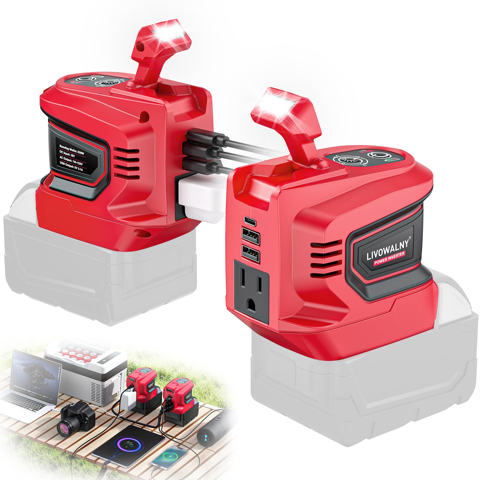 2PCS 200W Power Inverter for Milwaukee, LIVOWALNY DC 18V to AC 110-120V Battery Inverter, Portable Battery Adapter Phone Charger