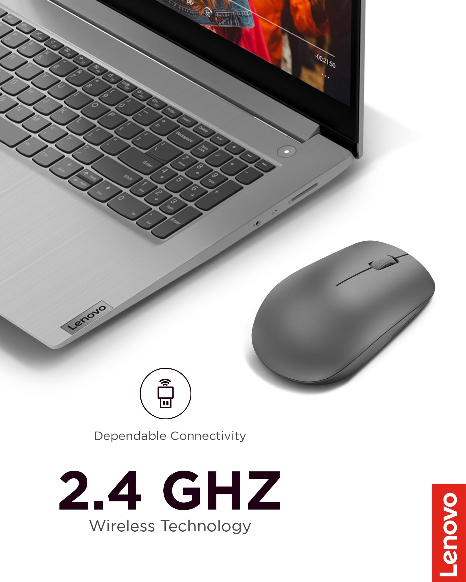 Lenovo 530 Wireless Mouse With Battery, 1200 Dpi Optical Mouse, Usb Receiver, 3 Button, Portable, Ambidextrous, Gy50Z49089, Grap