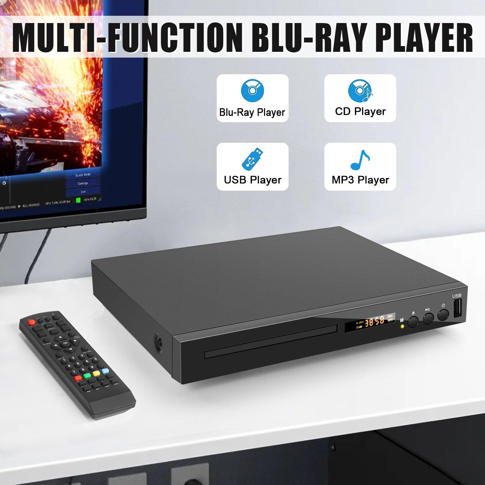 Jovell Hd Blu Ray Dvd Player, Region A/1, 1080P, Multi Format, Hdmi/Av/Coaxial Output, Usb, Dolby Sound, Includes Hdmi Cable, Re