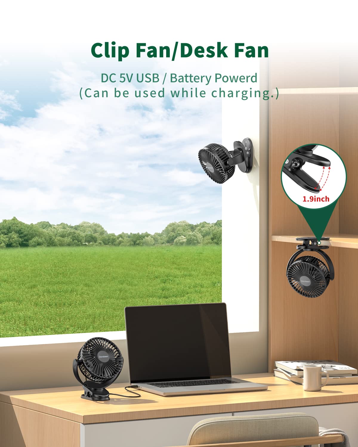 Dorobeen Portable Clip On Fan, 5000Mah Battery Powered Fan, 3 Speed Quiet Rechargeable Mini Desk Fan, 360 Rotate Personal Coolin