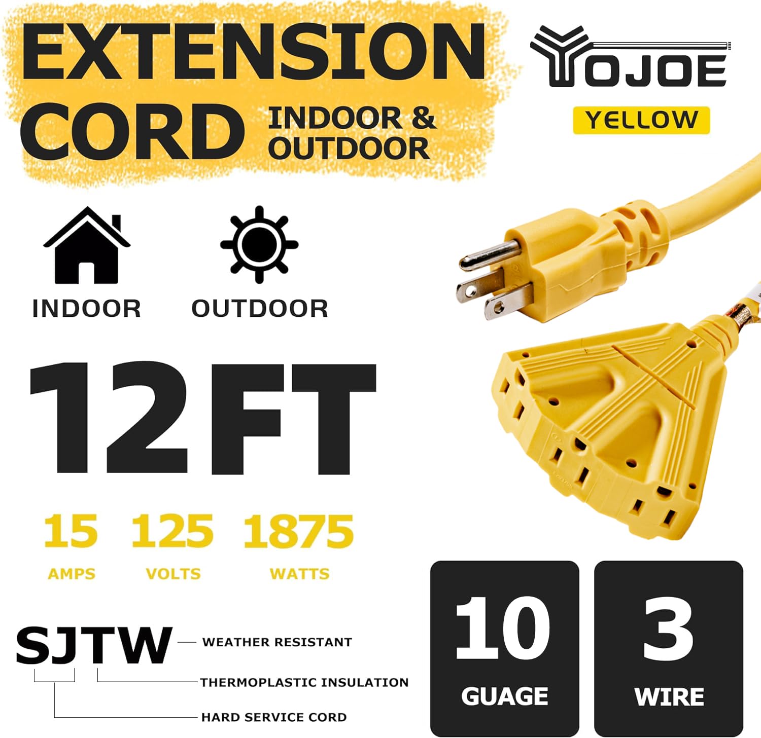 Yojoe 3 Outlet 10 Gauge 12 Ft Yellow Extension Cord, 15A Sjtw Weatherproof Power Cord For Indoor/Outdoor Use, 3 Prong Grounded P