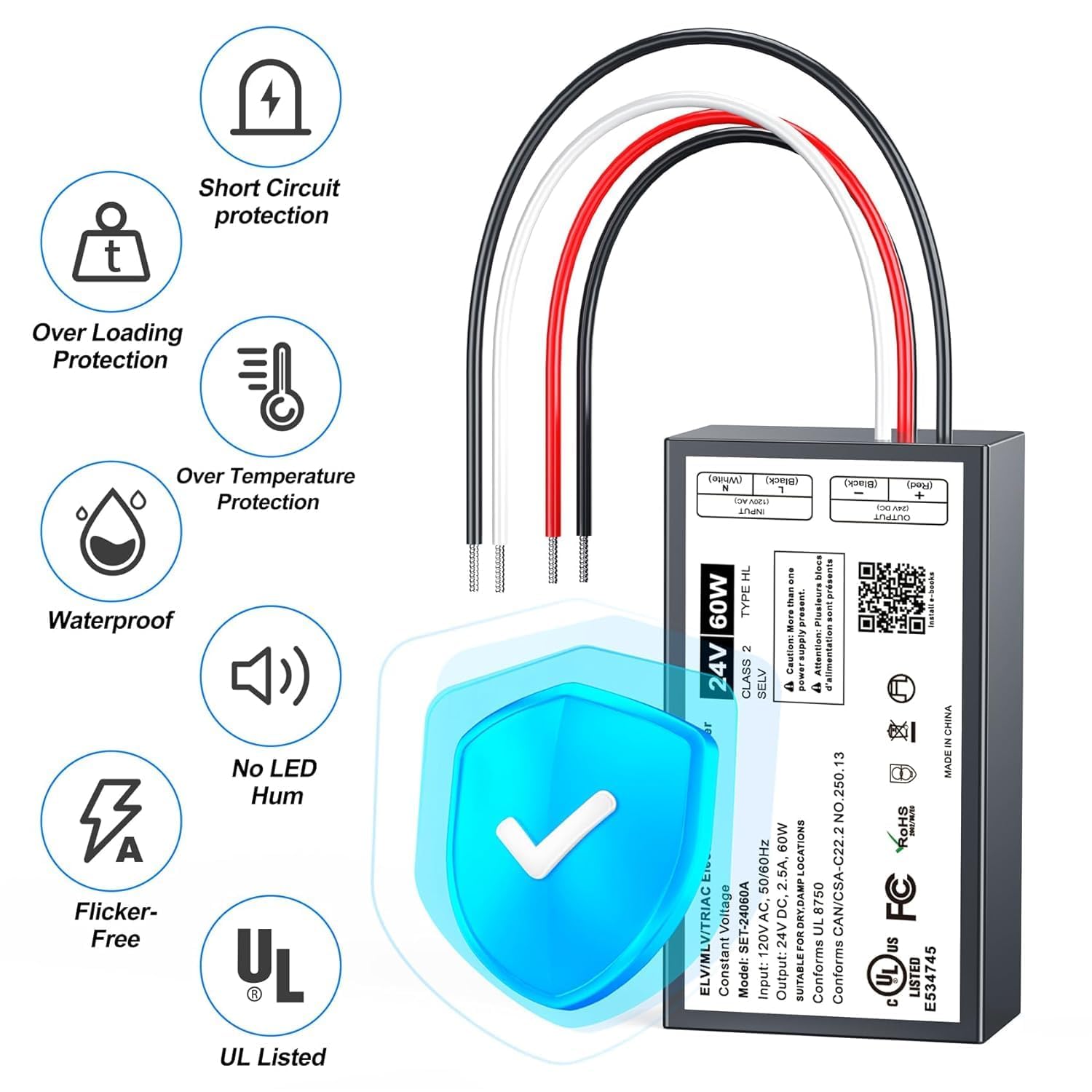 60W Dimmable Led Driver 24V,Triac Elv/Mlv Led Transformer Compatible With Lutron&Leviton Switches,Dimmable Led Power Supply For