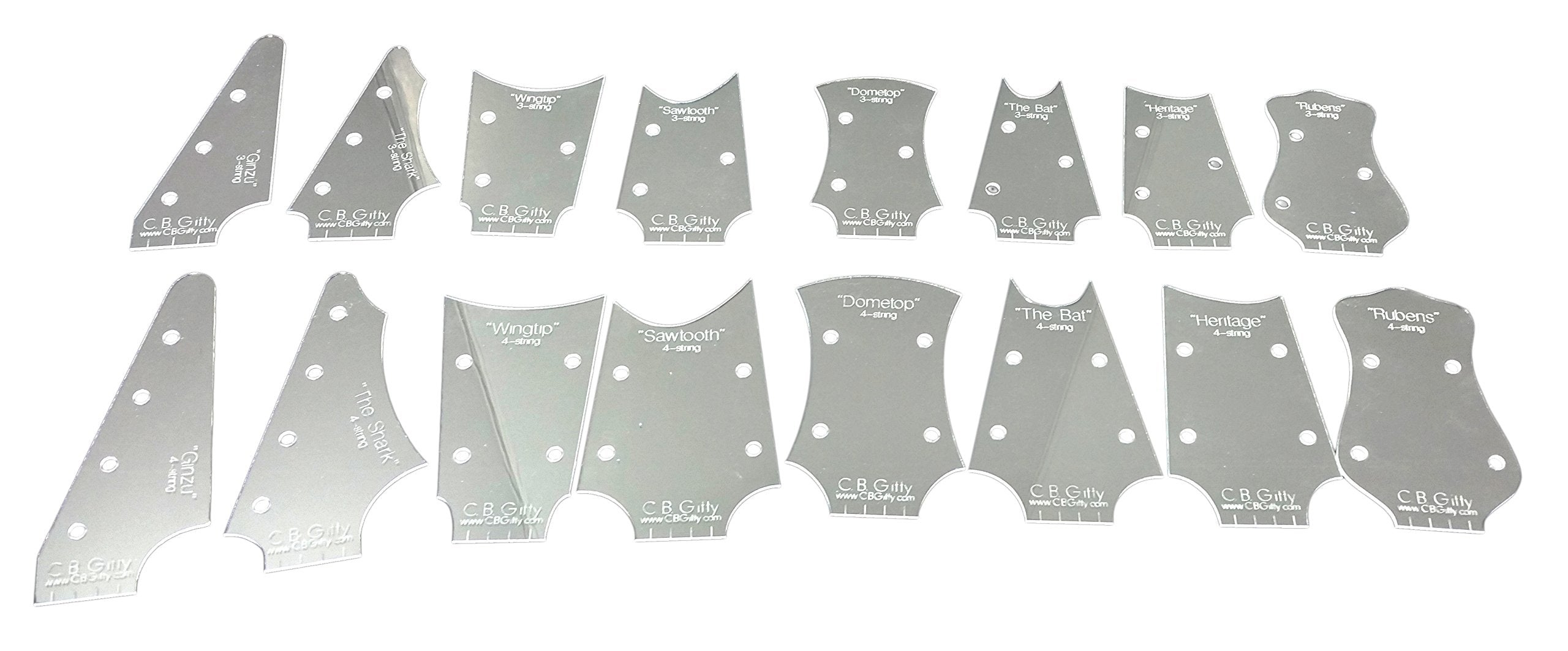 16Pc. Cigar Box Guitar Headstock Shape Templates   2 Sizes Each Of 8 Different Custom Designs