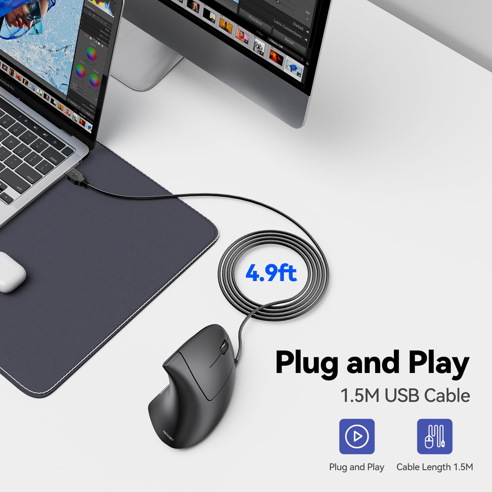 TECKNET Wired Ergonomic Mouse, 6400 DPI, 6 Silent Buttons, Adjustable DPI, Black - Compatible with Windows/Chrome/Laptop/Computer