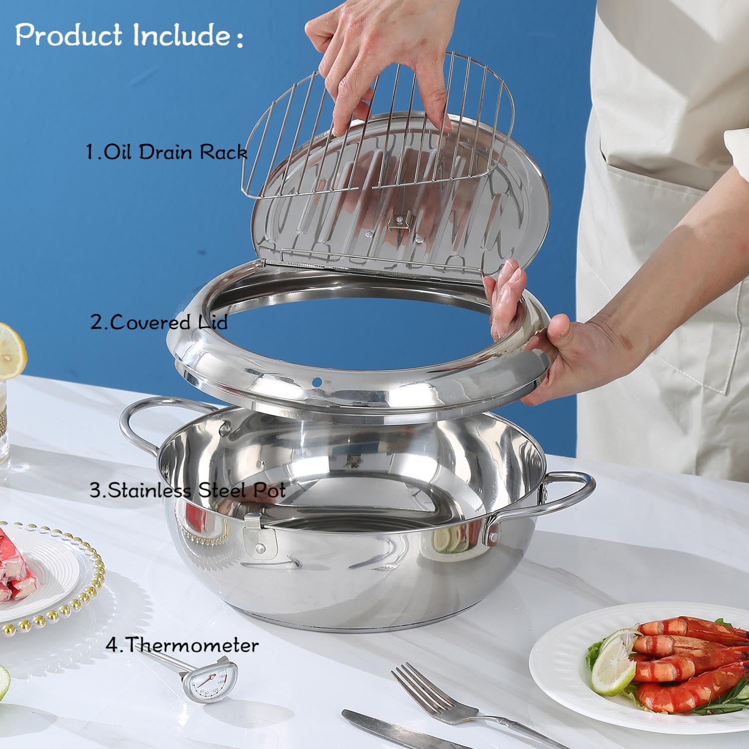 Large Tempura Frying Pot With Lid. Deep Fry Pot With (F) Thermometer And Oil Drip Drain Rack For Family Of 4-6 People 11 4.4Qt
