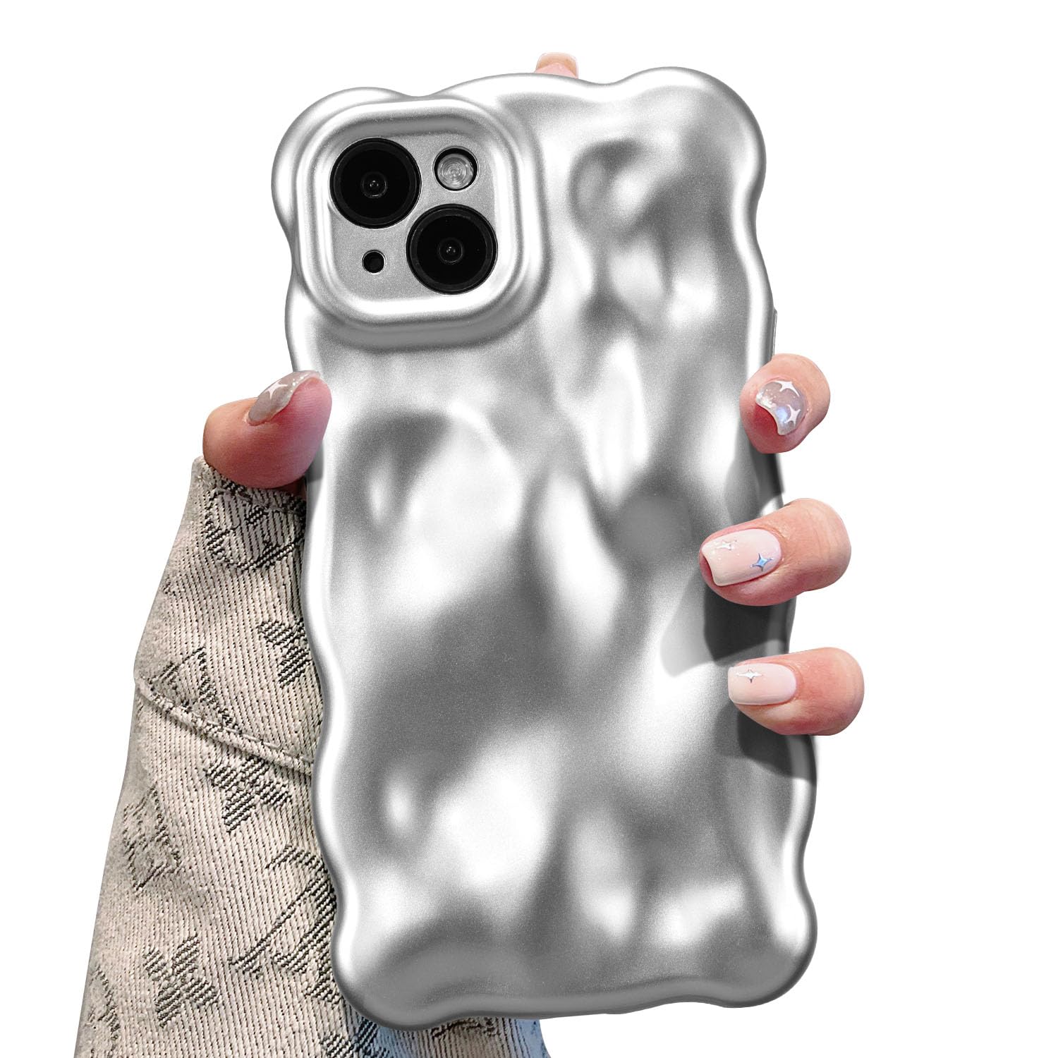 UEEBAI Ripple Case for iPhone 15 Plus, Cute Silver Cover Wave Shape for iPhone Case Pretty Aesthetic 3D Phone Cover, Water Rippl