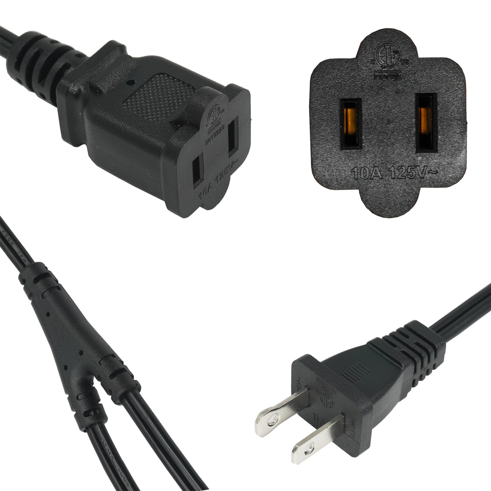 2 Prong 1 To 2 Extension Cord, 2 Way Indoor Power Cable Outlet Saver Splitter, Male To Female Y Splitter, Sjt 18 Gauge Wire, 10