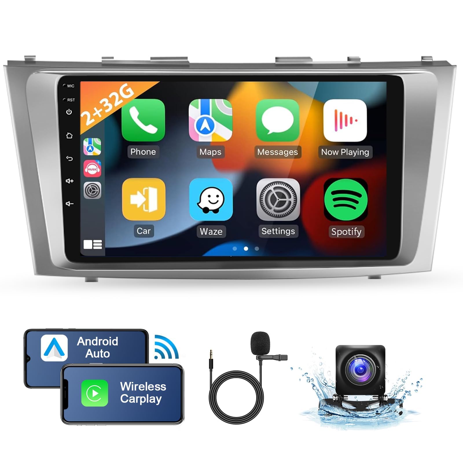 2+32G Android 13 Car Stereo For Toyota Camry 2006 2007 2008 2009 2010 2011, 9 Inch Hd Touchscreen Radio, Wireless Carplay Android Auto Gps Wifi Bluetooth Fm/Rds Swc Dual Usb Hd Backup Camera