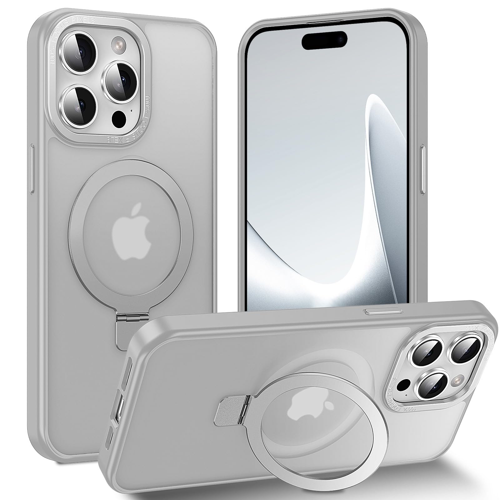 Lufanbis Magnetic For Iphone 15 Pro Case With Ring Stand, [10 Ft Drop Protection] [Velvety Touch] Slim Translucent Matte Back Sh