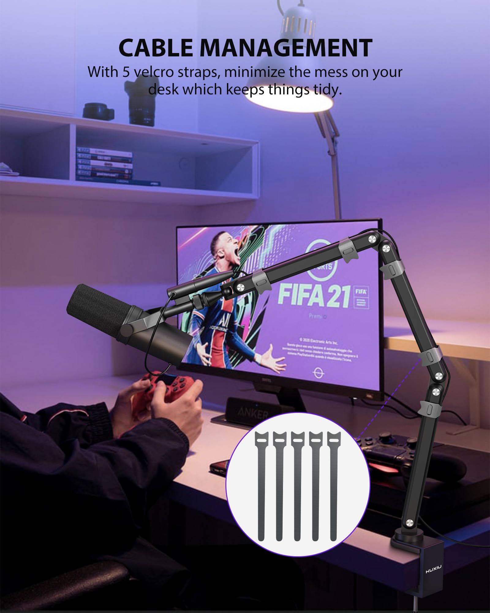 Ku Xiu Aluminum Alloy Boom Arm Microphone Stand For Desk, Three-Section Adjustable Mic Arm Mount With Cable Management Channels