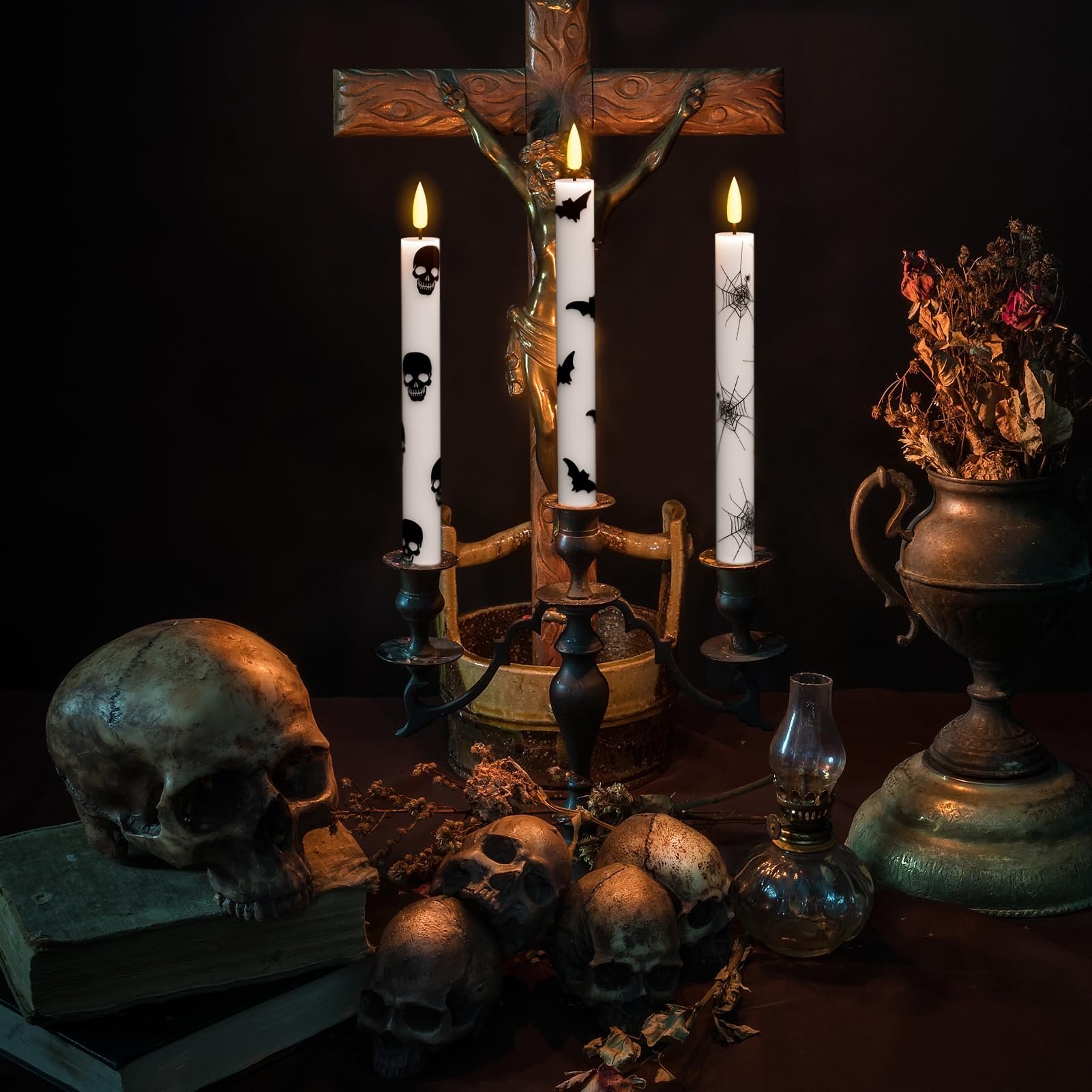 Lasumora Halloween Flameless Taper Candles With Remote Timer, 6 Pack Led Flickering Candlestick, Battery Operated Real Wax Candl