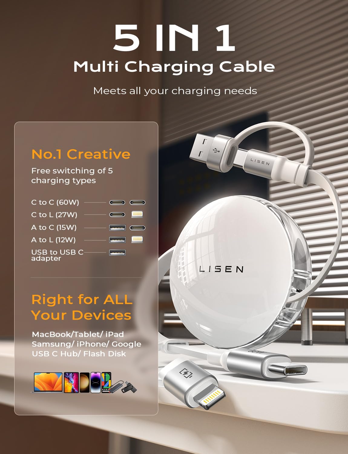Lisen 5 In 1 Fast Charging Retractable Cable For Iphone, Ipad, Samsung   60W Charger With Usb C/A Ports For Phones, Tablets