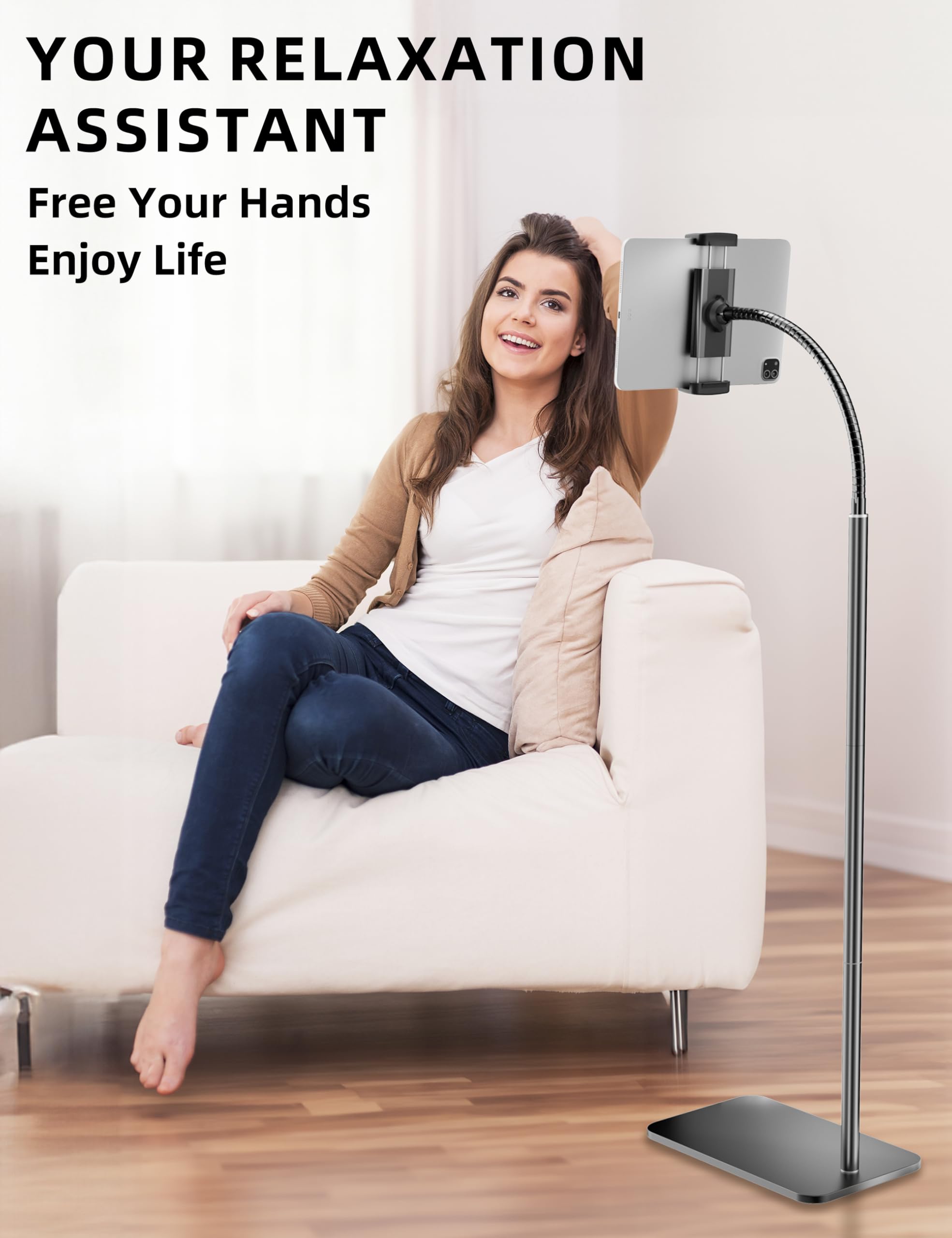 LanPavilion Adjustable iPad Stand, Flexible Gooseneck Tablet Holder for 4.7''-13'' Devices, Black Carbon Steel, Ideal for Hands-Free Use