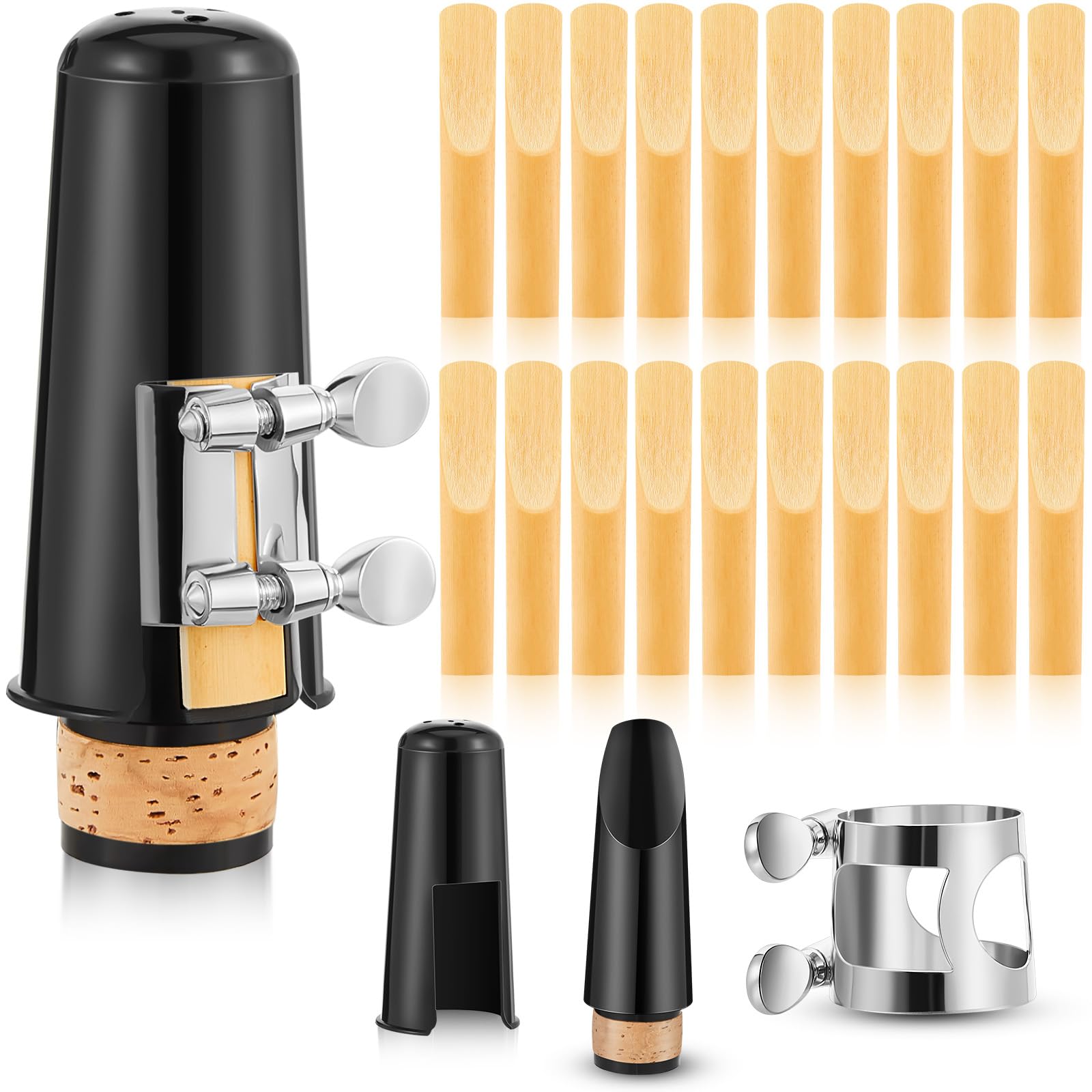 Boao 24 Pcs Clarinet Mouthpiece Kit Clarinet Reeds 2.5 Mouthpiece Kit with Ligature Plastic Cap Bb Accessory Strength Reeds with