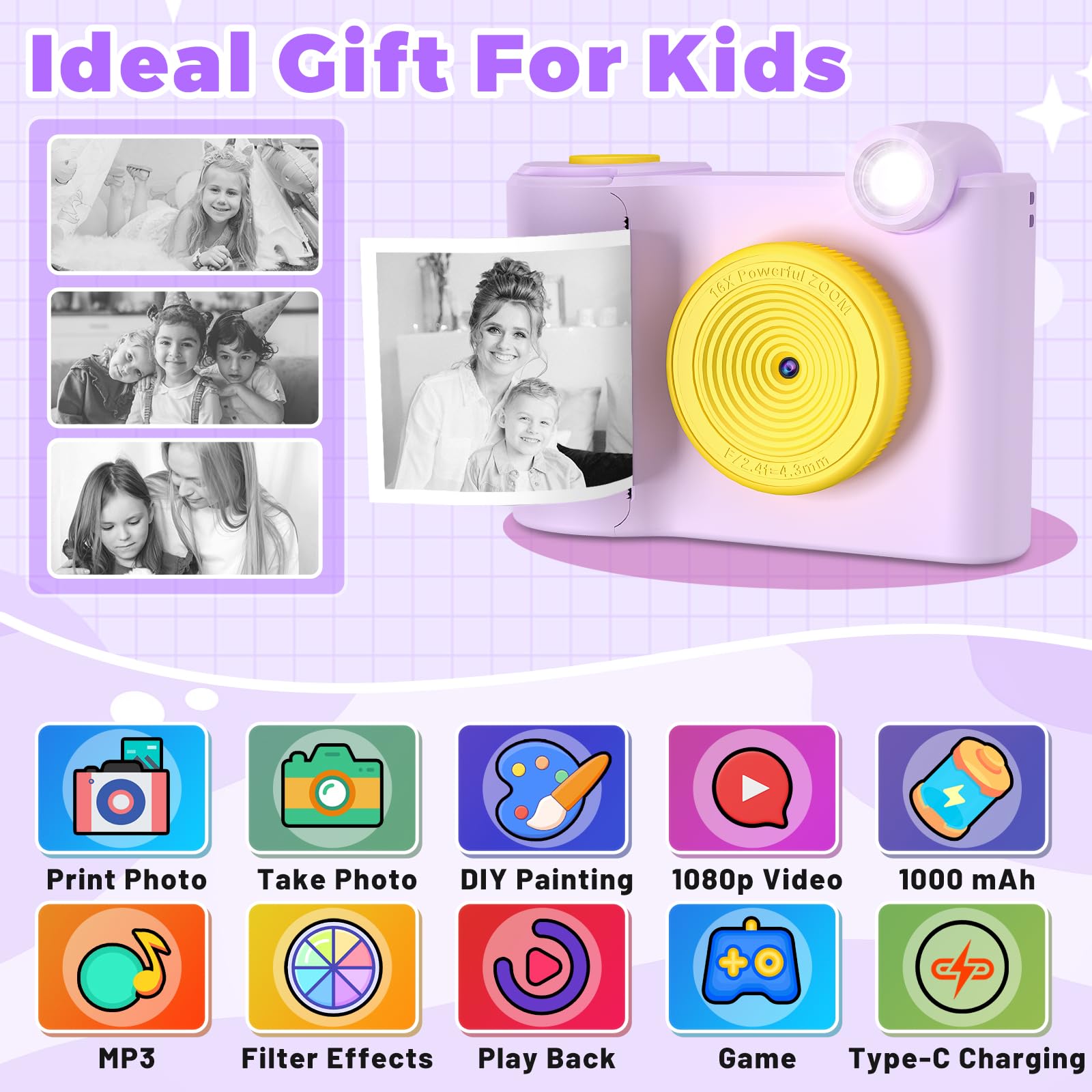 Ykslemon Kids Camera Instant Print,1080P Digital Camera For Kids With 32Gb Sd Card,Christmas & Birthday Gifts,Toddler Camera Por