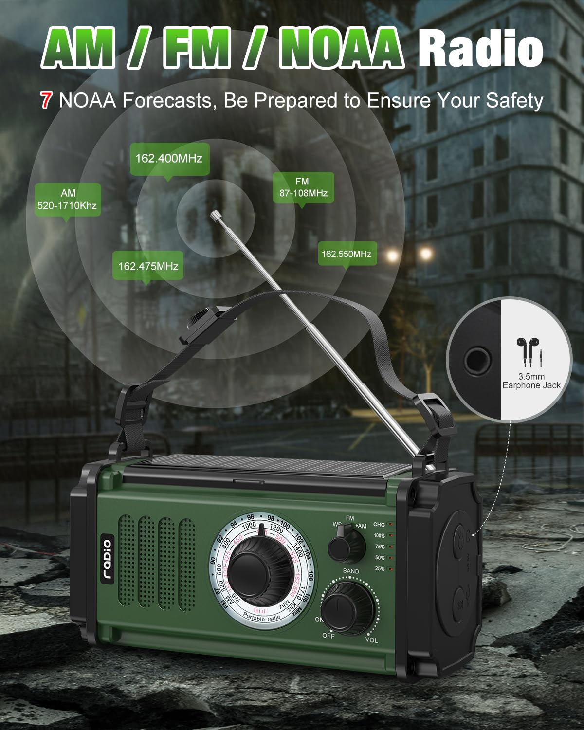 Emergency Radio, Solar Radio, 10000Mah Hand Crank Radio, Noaa Am Fm Weather Radio, 4 Charging Methods, Polymer Battery, Flashlig