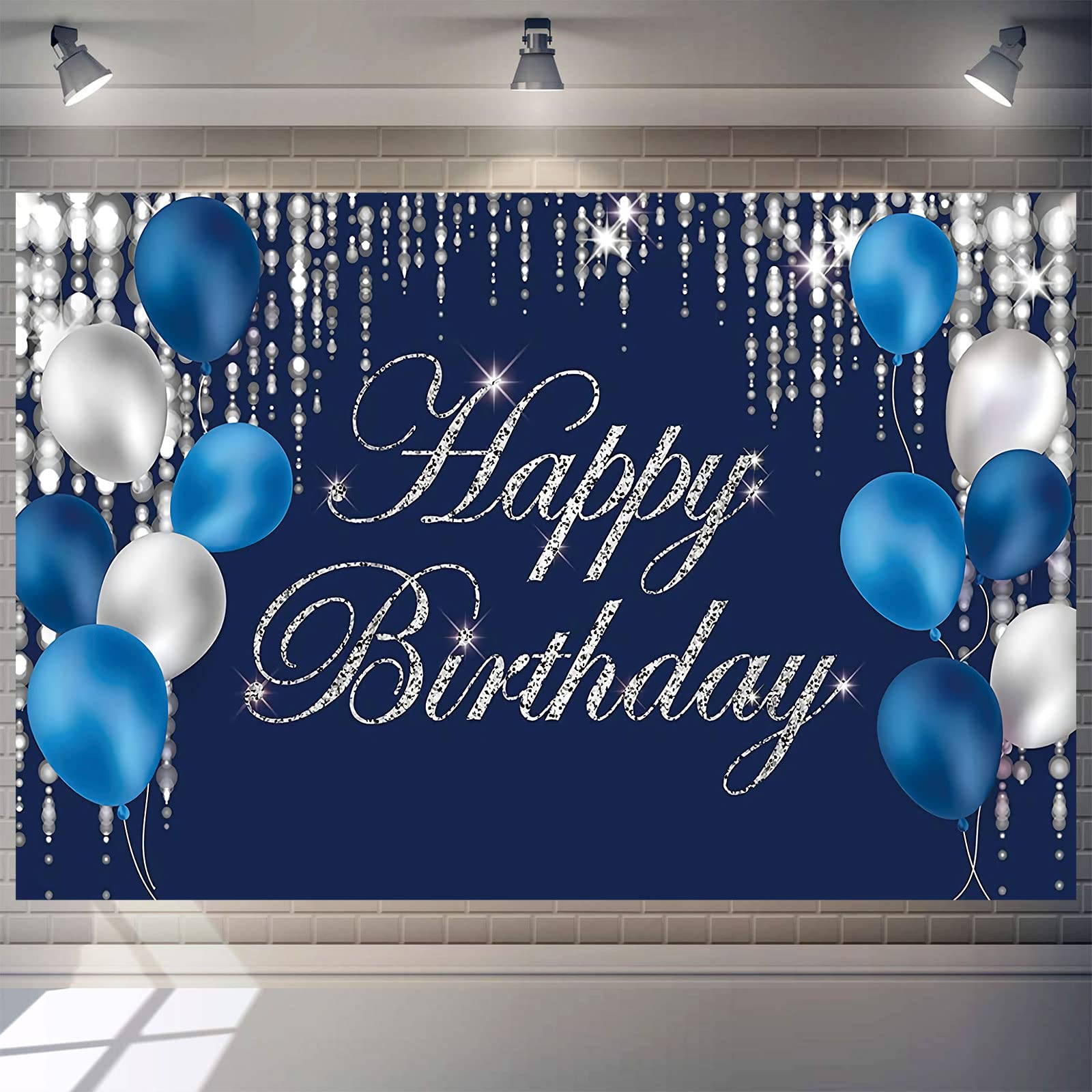 Happy Birthday Backdrop Navy Blue And Silver Happy Birthday Sign Blue Happy Birthday Banner Photo Studio Backdrop Birthday Party