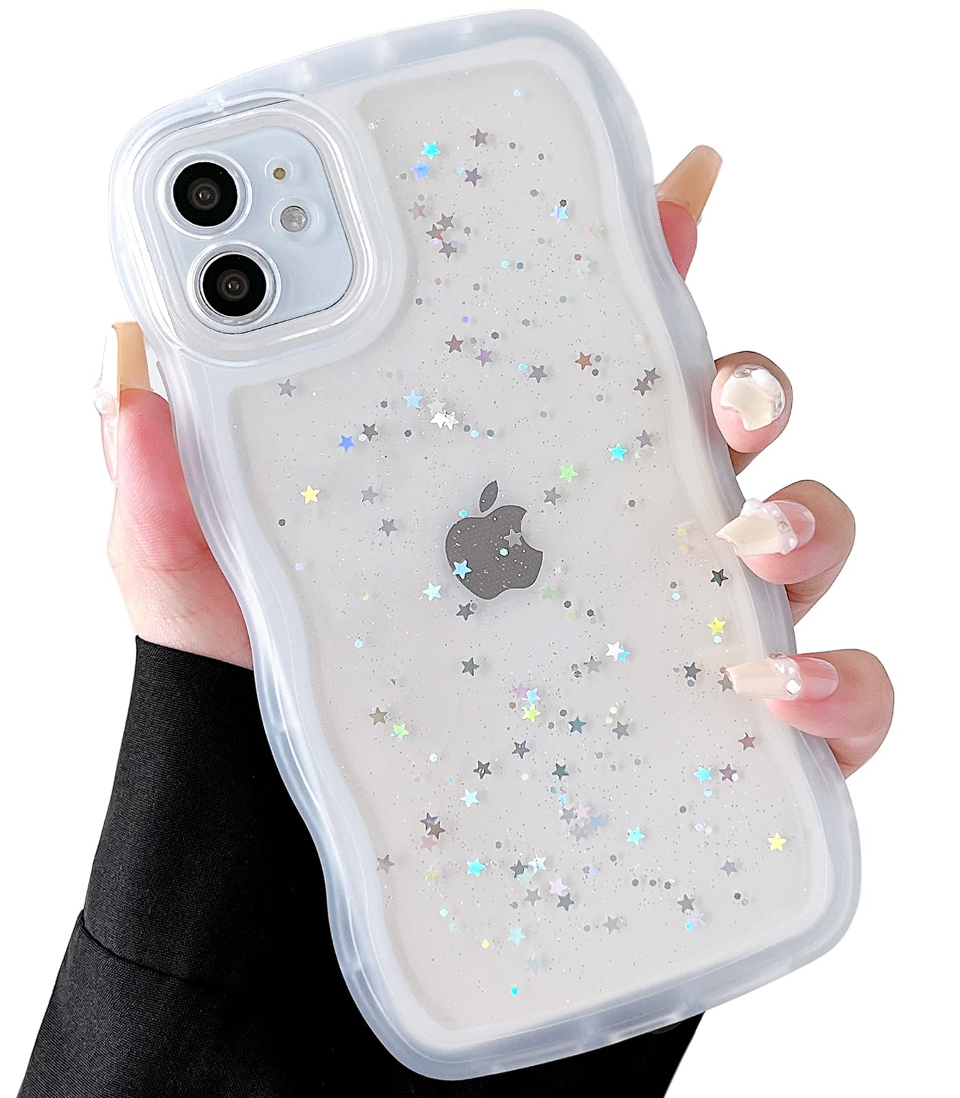 Qokey For Iphone 11 Case 6.1 Inch Curly Wave Design Edge Transparent Bling Glitter Star Shiny Case Cute Clear Transparent Full P
