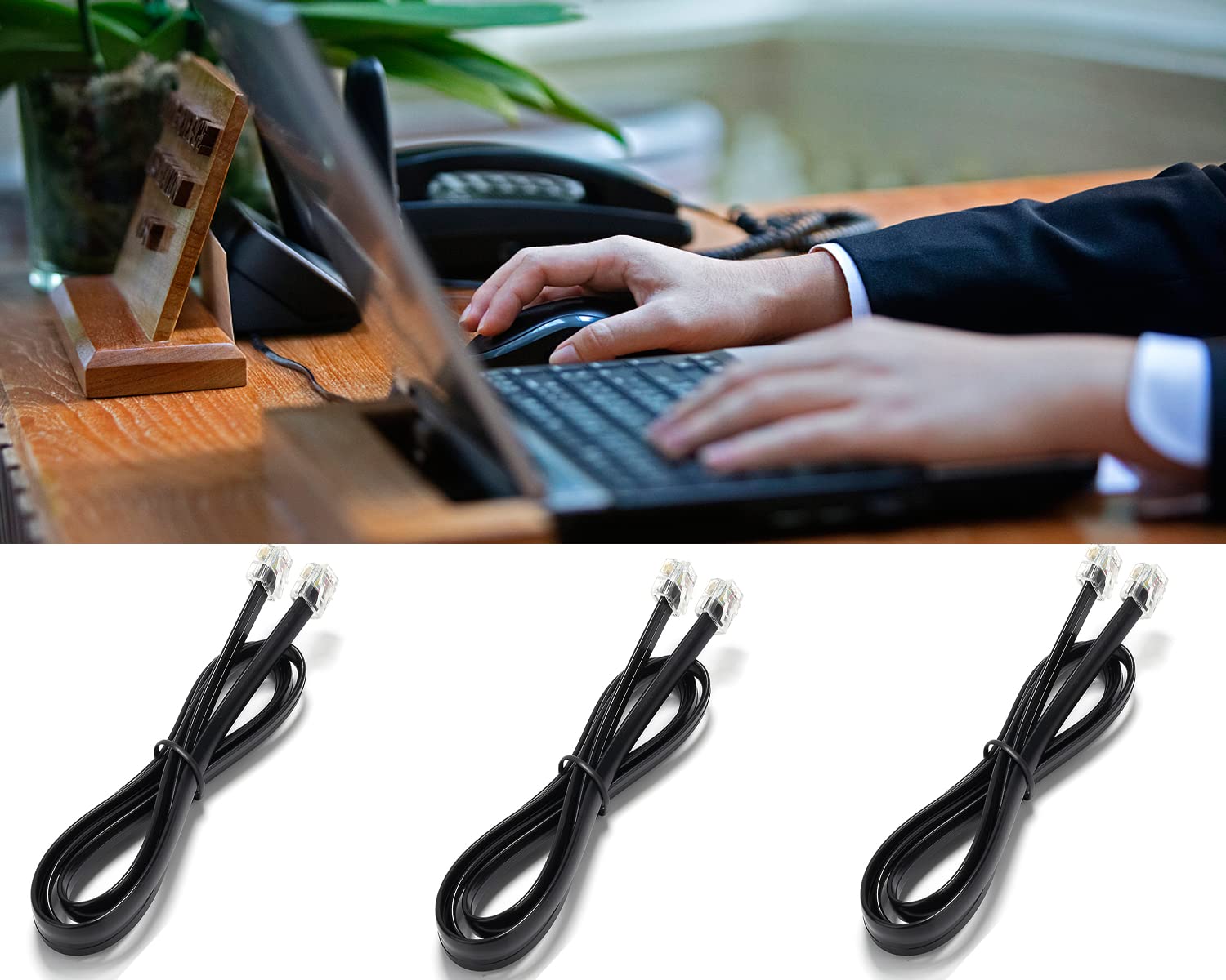 Seefeful Rj12 Cable Phone Cord Rj12 6P6C Male To Male Straight Wired For Both Data And Voice Use Black (3 Ft / 3 Pack)
