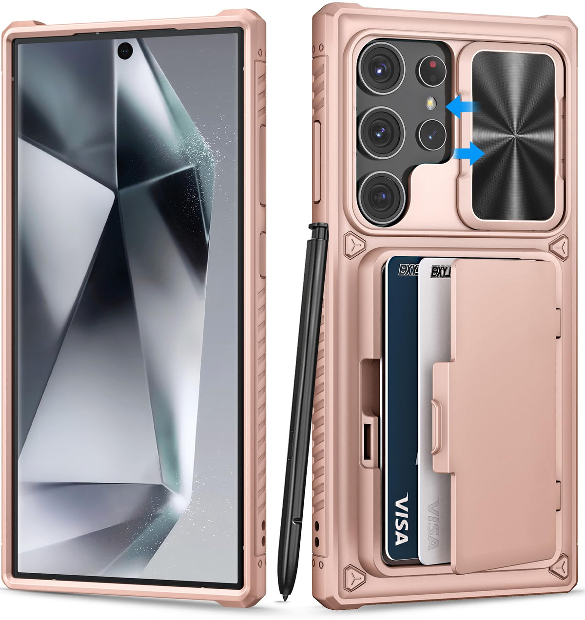 Bxyjy For Samsung Galaxy S24 Ultra Case With Card Holder (Store 4 5 Cards) & Slide Lens Cover & Stand, Military Grade Drop Prote