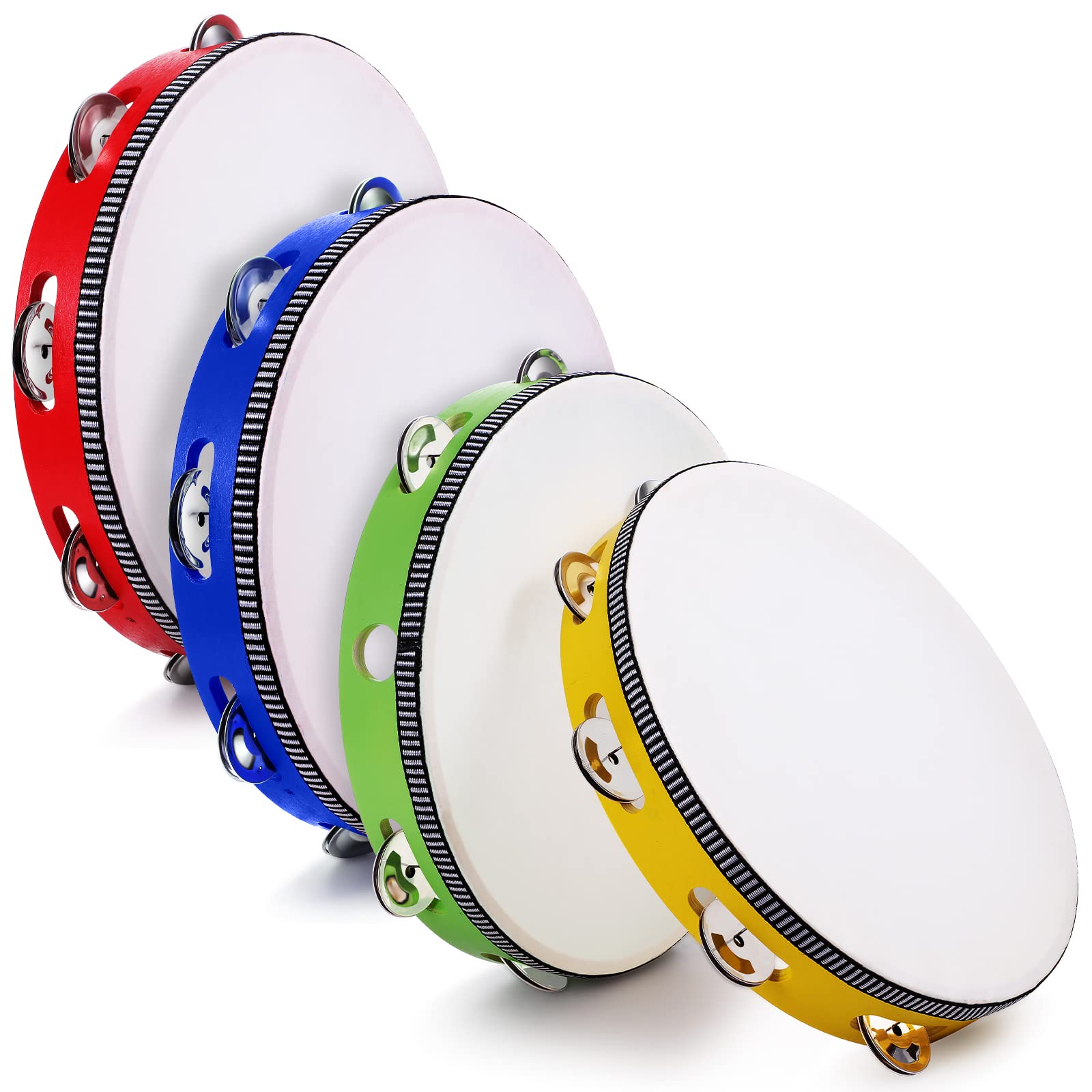 4 Pcs Tambourines For Adults 10 Inch Hand Held Drum Bell Birch Metal Jingles Single Row Wooden Tambourine Rhythm Educational Mus