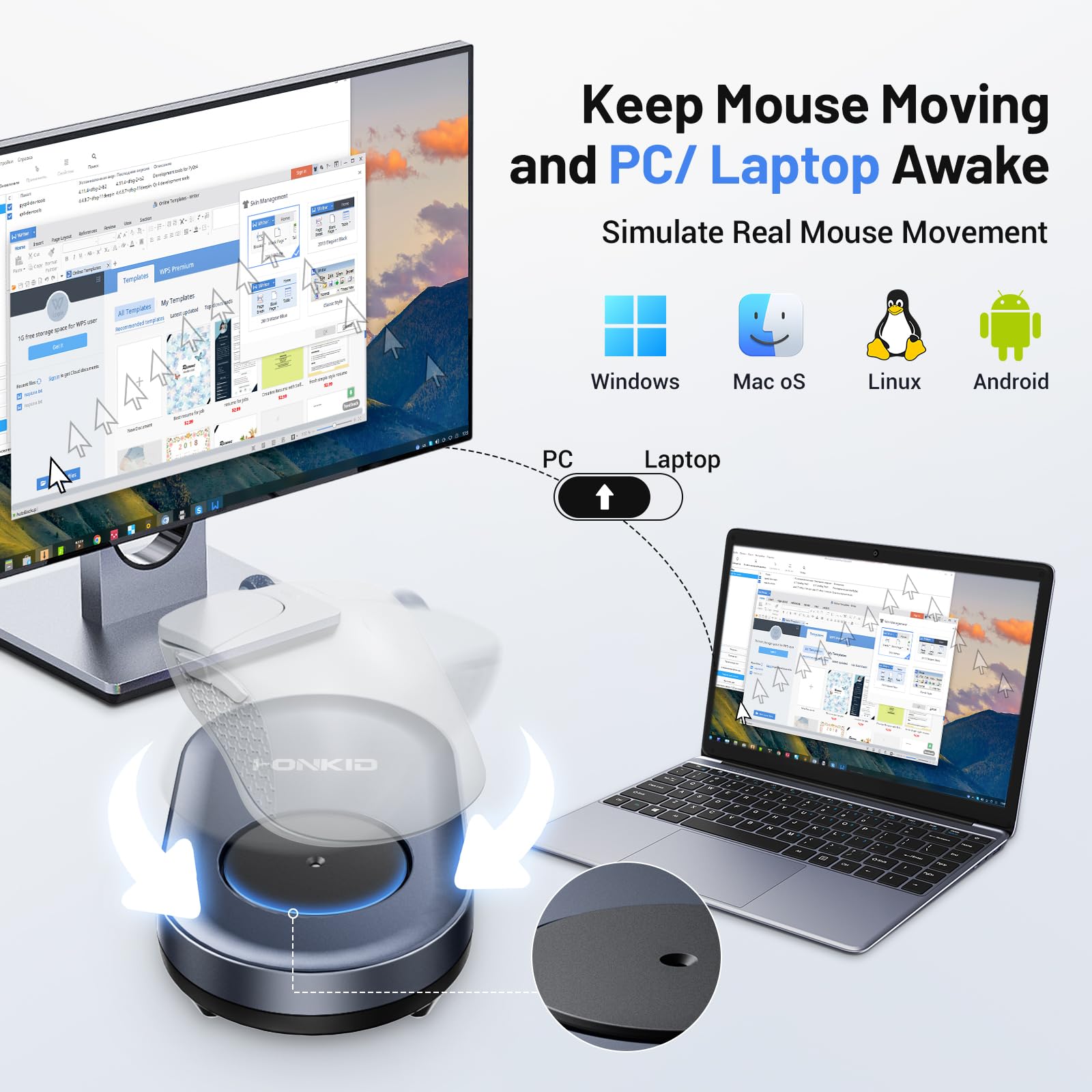 Honkid Undetectable Mouse Mover Jiggler With On/Off Switch Light Blue