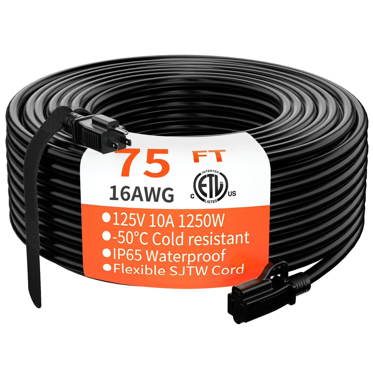 Indoor Outdoor Black Extension Cord 75 Ft Waterproof, 16/3 Gauge Flexible Cold Resistant Appliance Extension Cord Outside, 10A 1