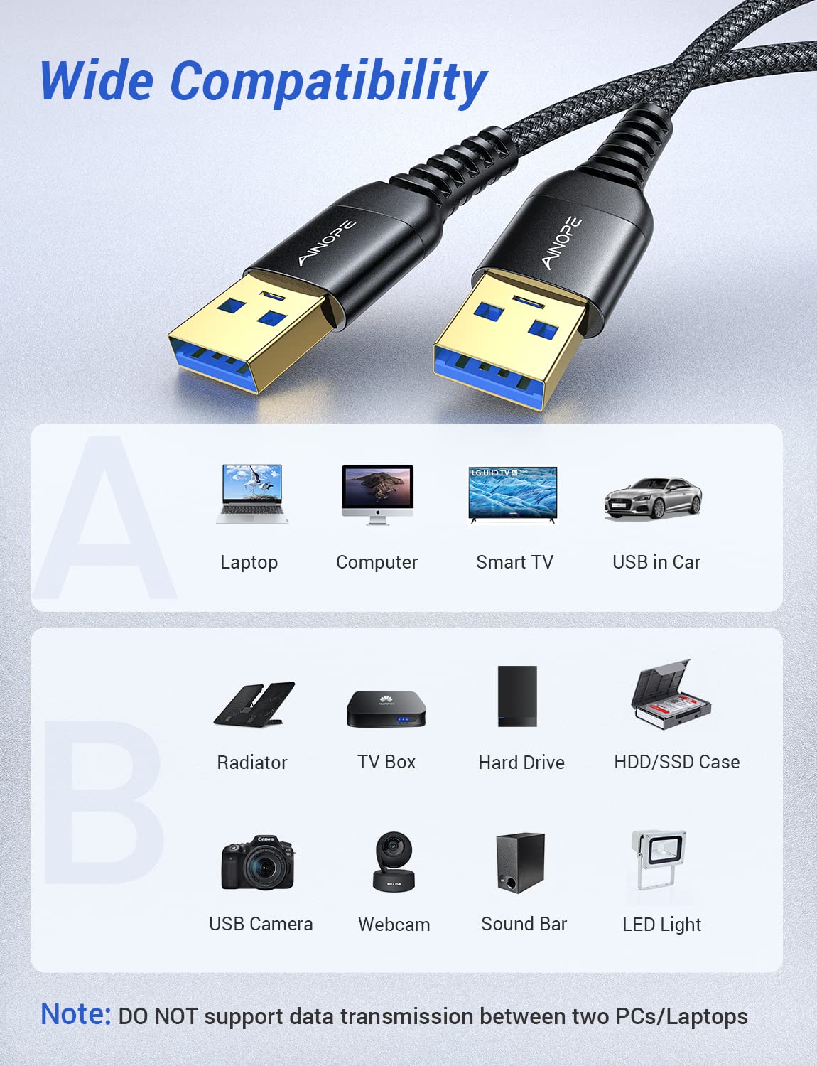 Ainope Usb 3.0 A To A Male Cable,Usb 3.0 To Usb 3.0 Cable [3.3Ft][Never Rupture] Usb Male To Male Cable Double End Usb Cord Comp