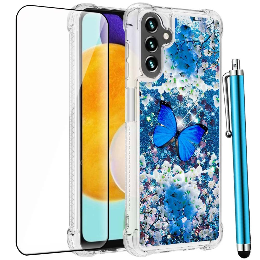 Caiyunl For Samsung Galaxy A13 5G Phone Case With Tempered Glass Screen Protector, Women Girls Glitter Bling Floating Liquid Spa