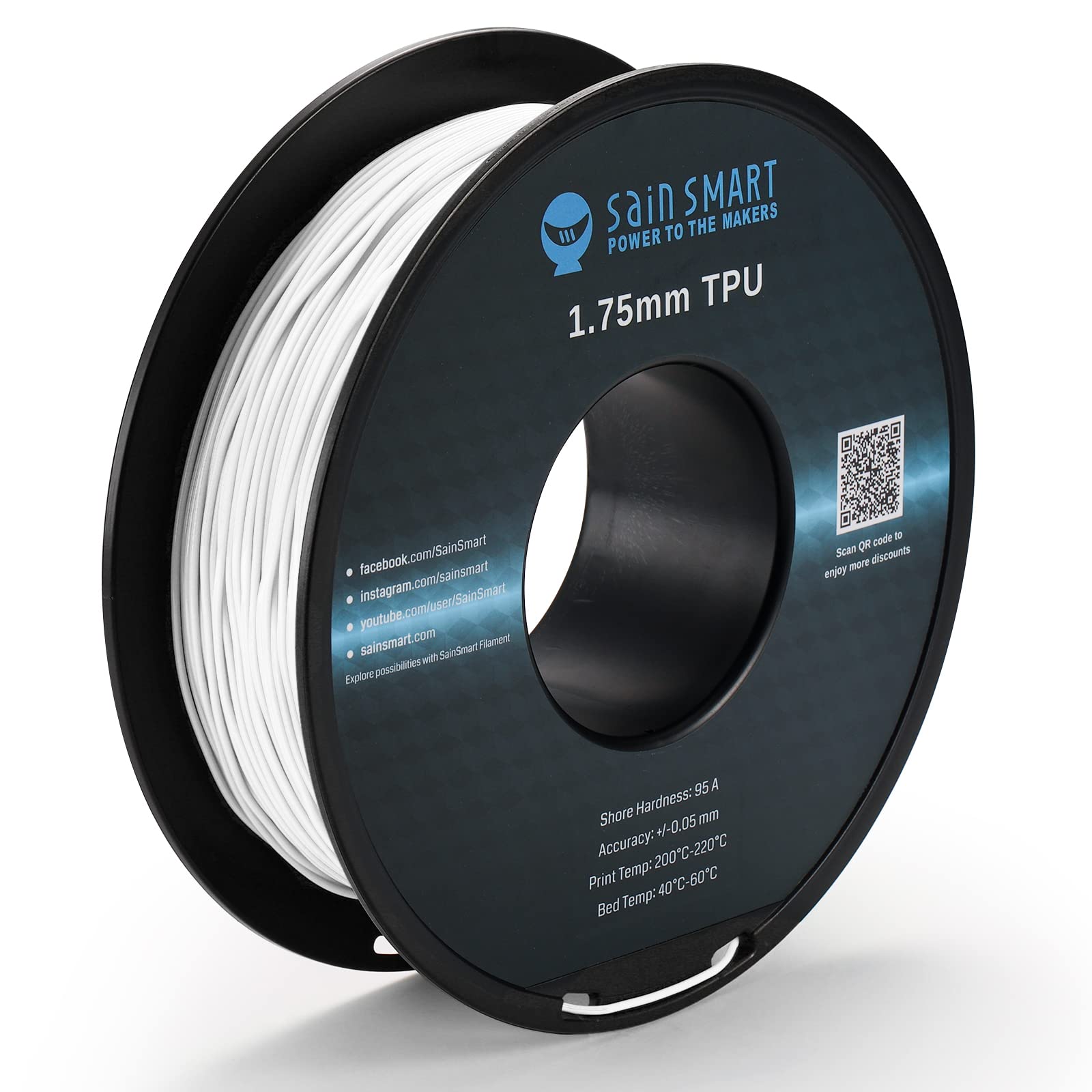 Sainsmart   101 90 158 White Flexible Tpu 3D Printing Filament, 1.75 Mm, 0.8 Kg, Dimensional Accuracy +/  0.05 Mm