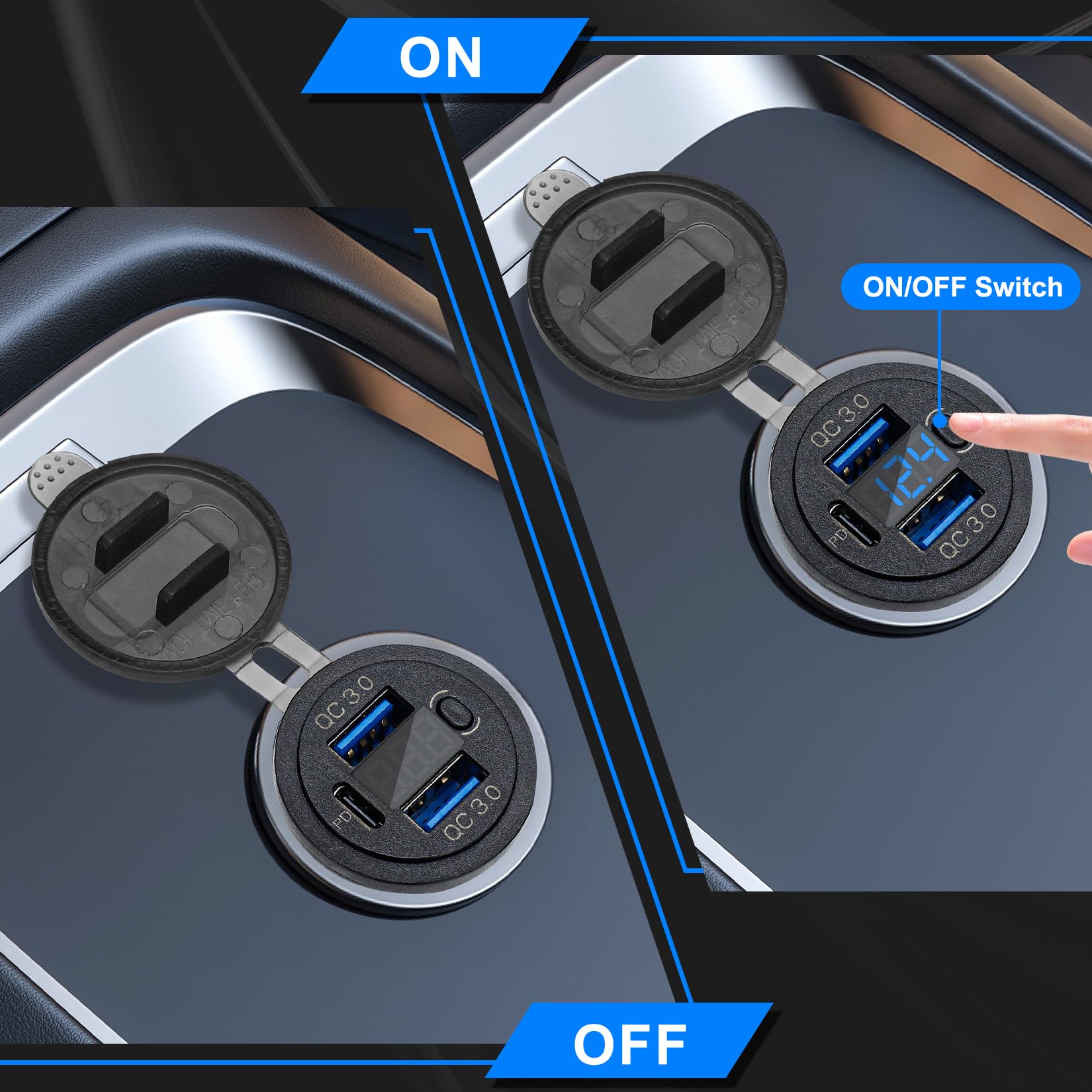 Risornda Dual Qc3.0 18W & Pd 30W Quick Charging Port, Usb C Car Charger Socket With Voltmeter, 12V Usb Outlet Waterproof For Mar
