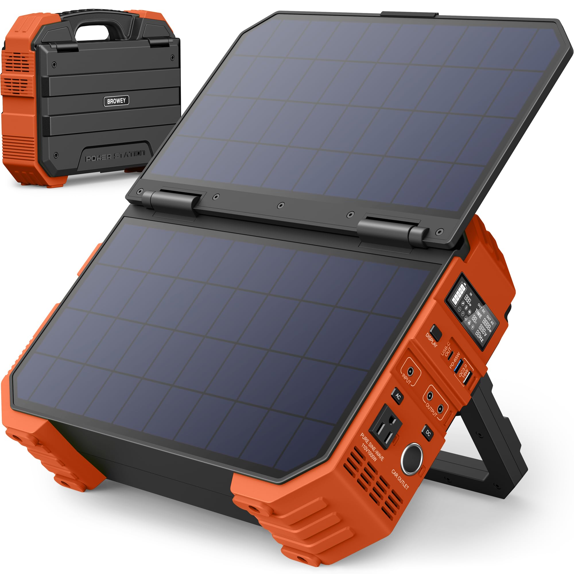 BROWEY Portable Power Station, 1000W Solar Generator with Built-in Solar Panel, 614WH/192000mAh LiFePO4 Battery Pack, AC/DC/USB/
